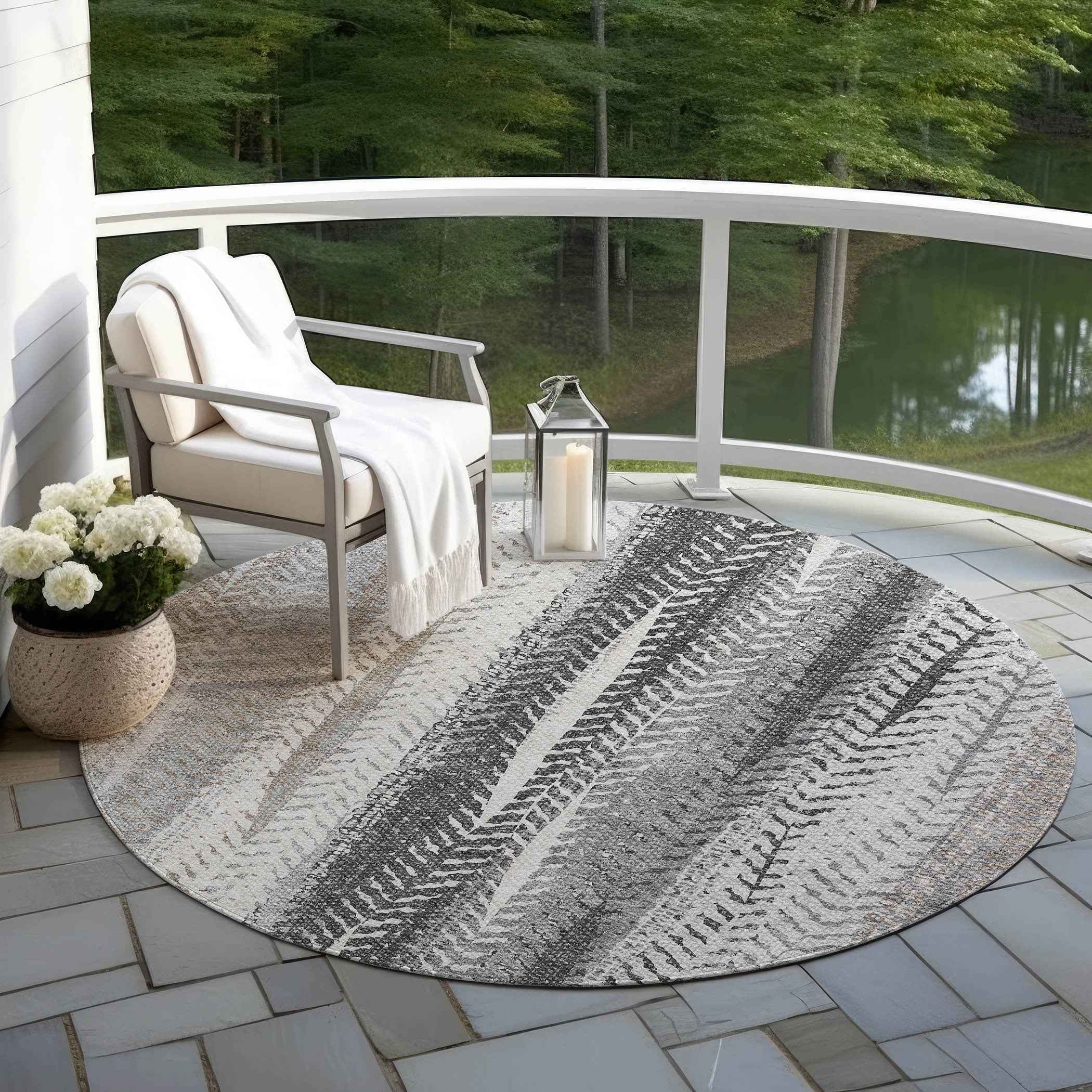 8' Khaki Ivory And Gray Round Botanical Leaves Washable Indoor Outdoor Area Rug