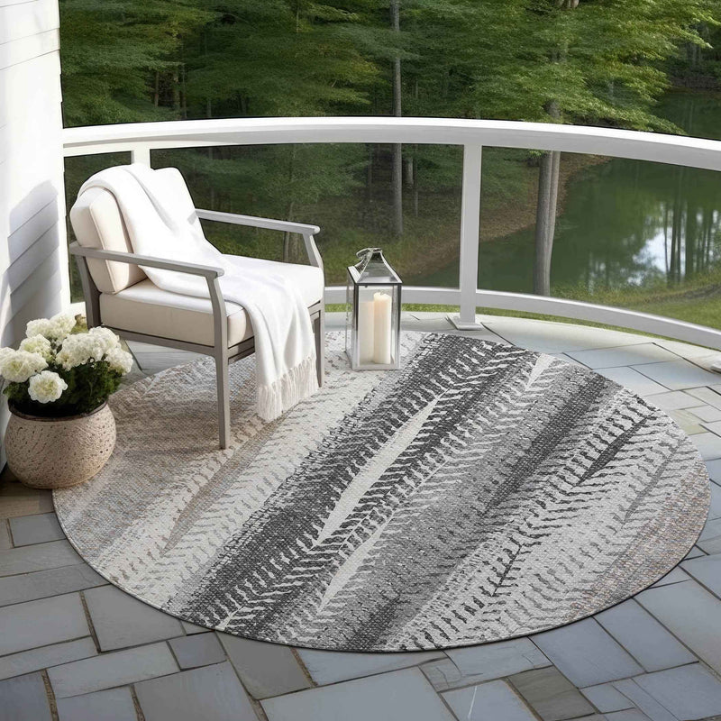 8' Khaki Ivory And Gray Round Botanical Leaves Washable Indoor Outdoor Area Rug