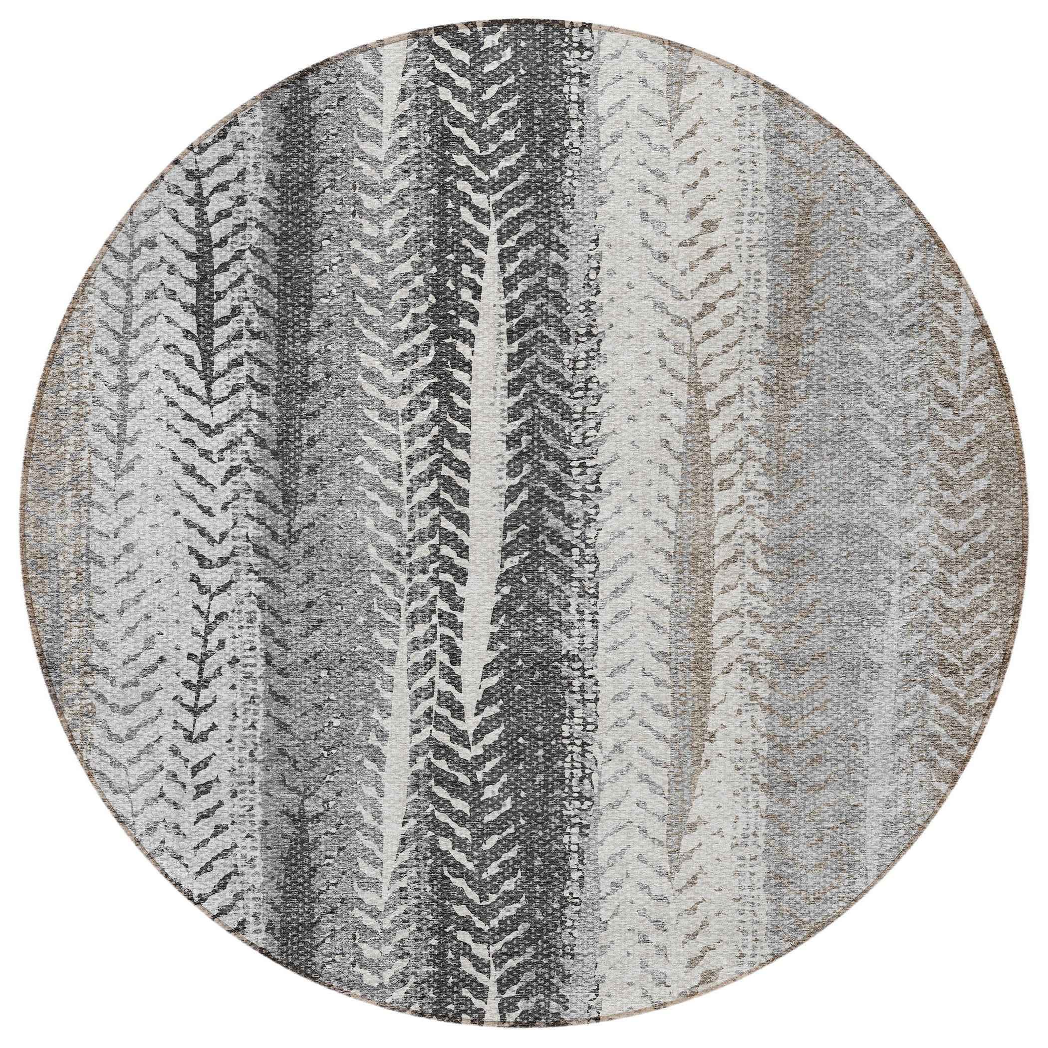 8' Khaki Ivory And Gray Round Botanical Leaves Washable Indoor Outdoor Area Rug