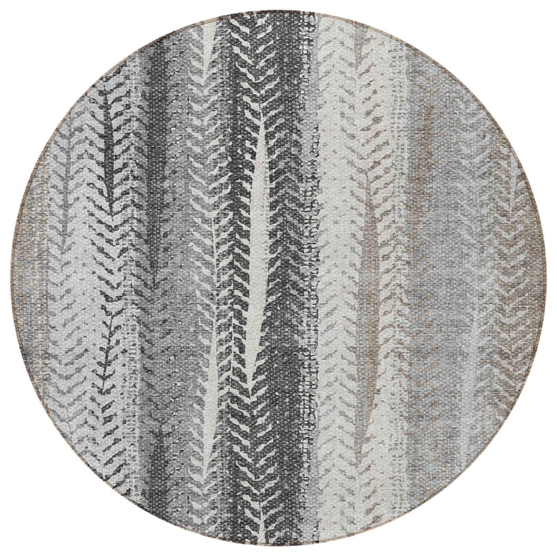 8' Khaki Ivory And Gray Round Botanical Leaves Washable Indoor Outdoor Area Rug