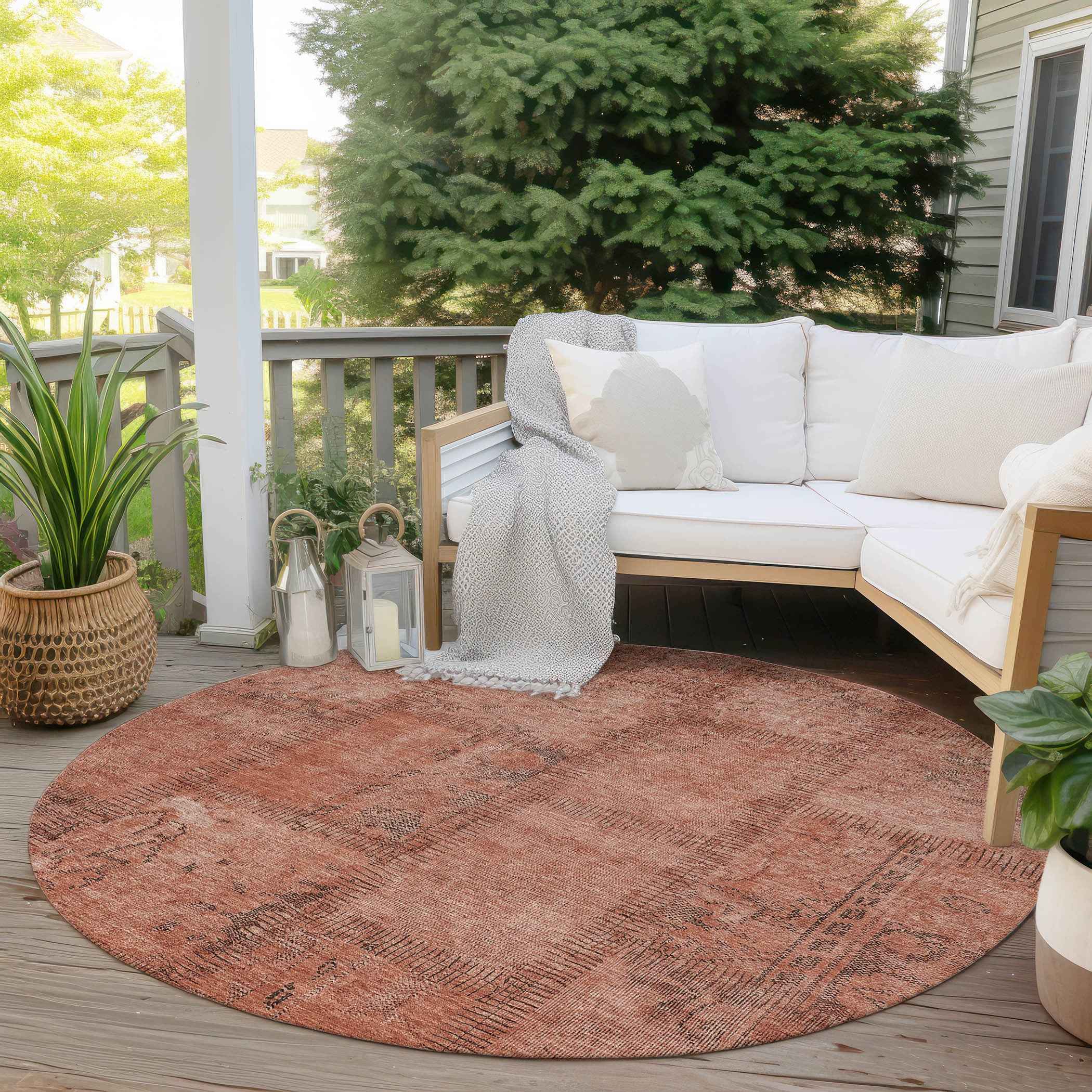 8' Salmon Copper And Gray Round Patchwork Washable Indoor Outdoor Area Rug