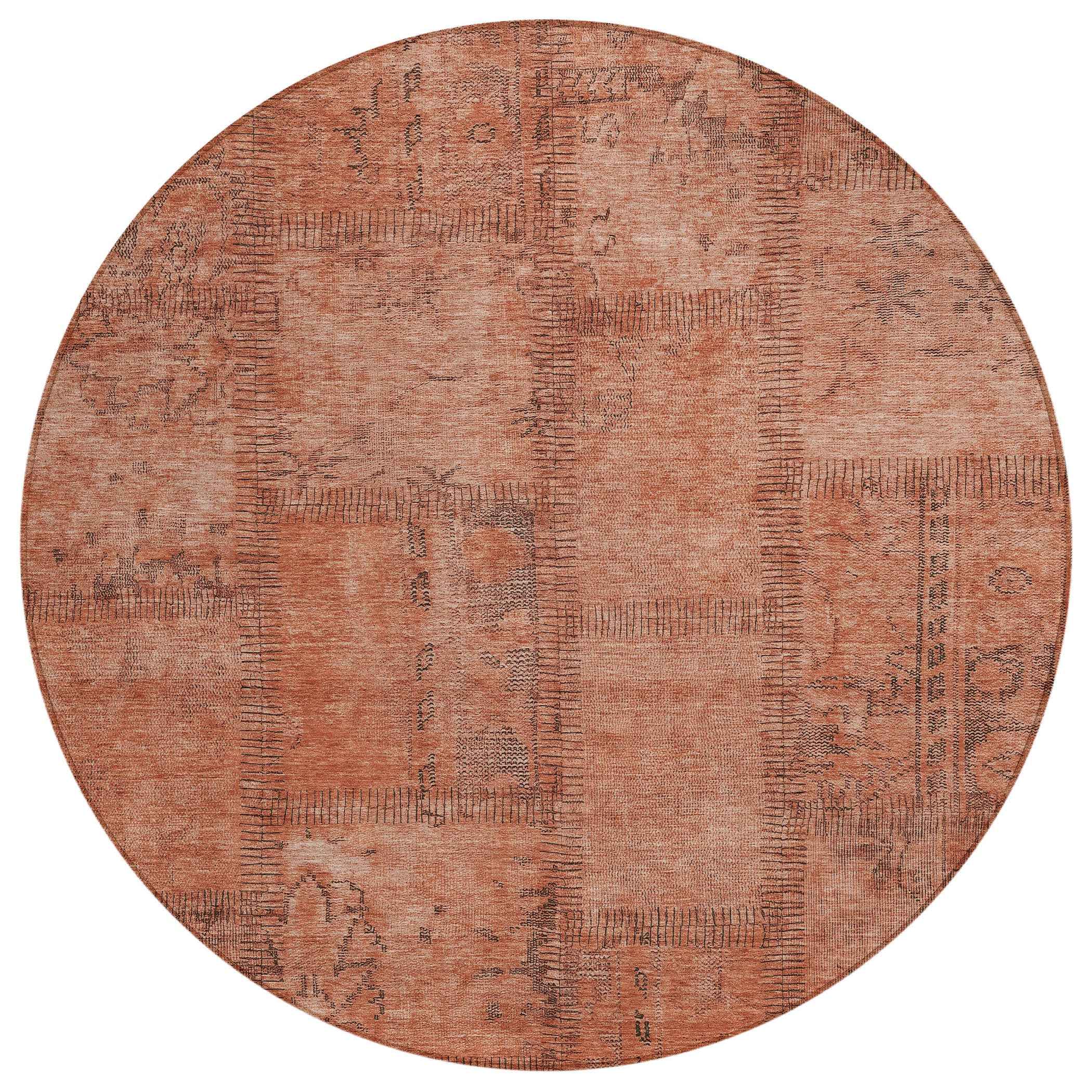 8' Salmon Copper And Gray Round Patchwork Washable Indoor Outdoor Area Rug