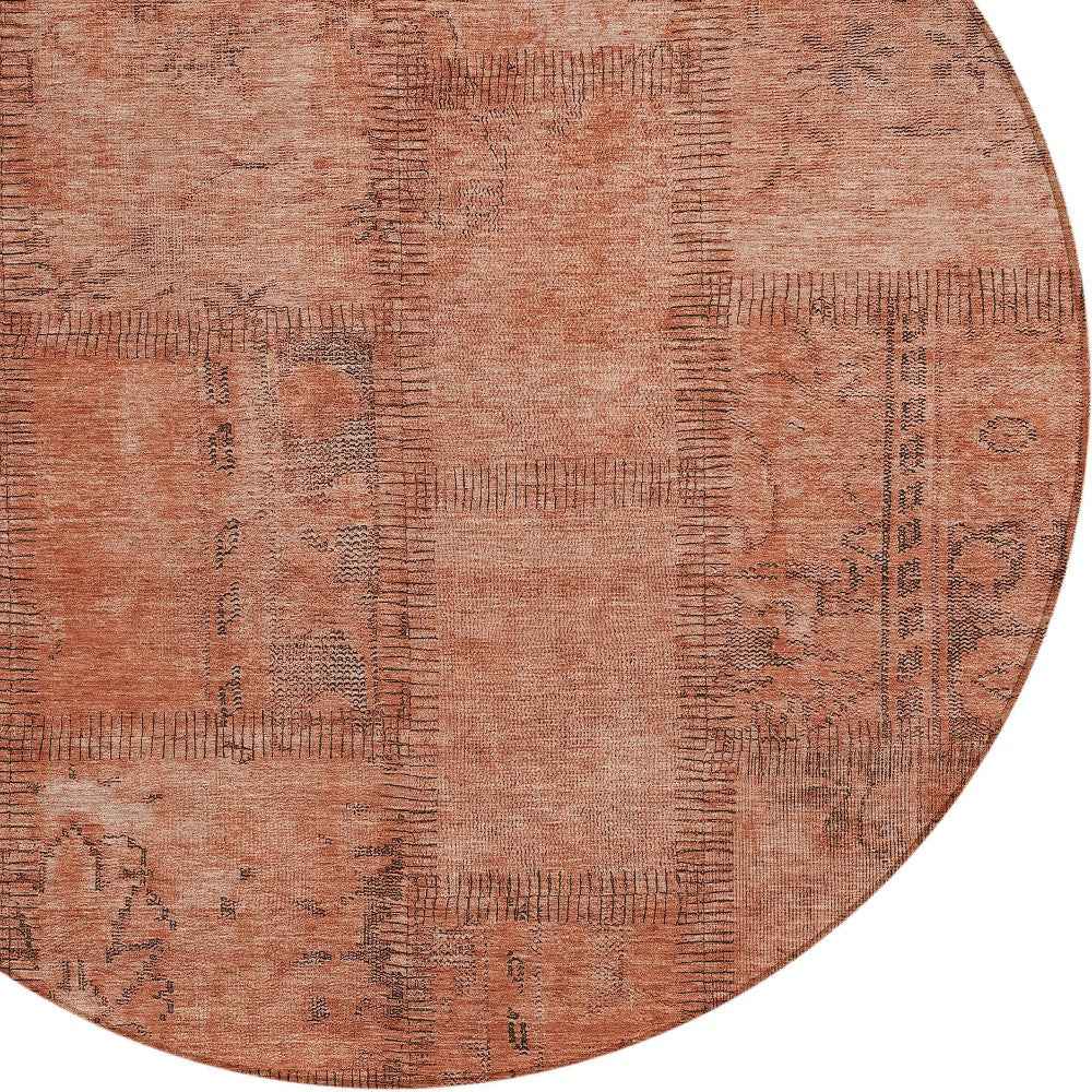 8' Salmon Copper And Gray Round Patchwork Washable Indoor Outdoor Area Rug