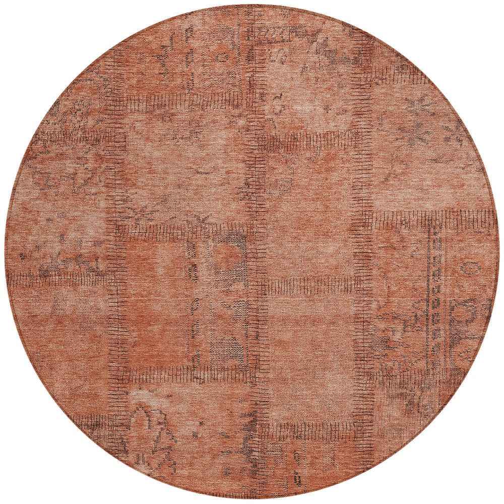 8' Salmon Copper And Gray Round Patchwork Washable Indoor Outdoor Area Rug