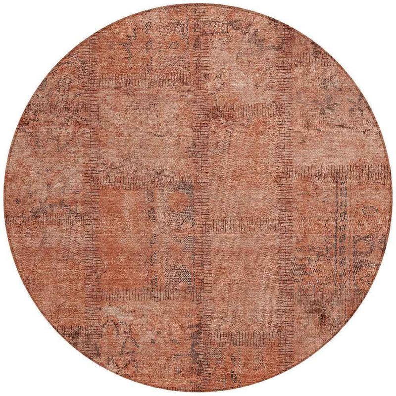 8' Salmon Copper And Gray Round Patchwork Washable Indoor Outdoor Area Rug