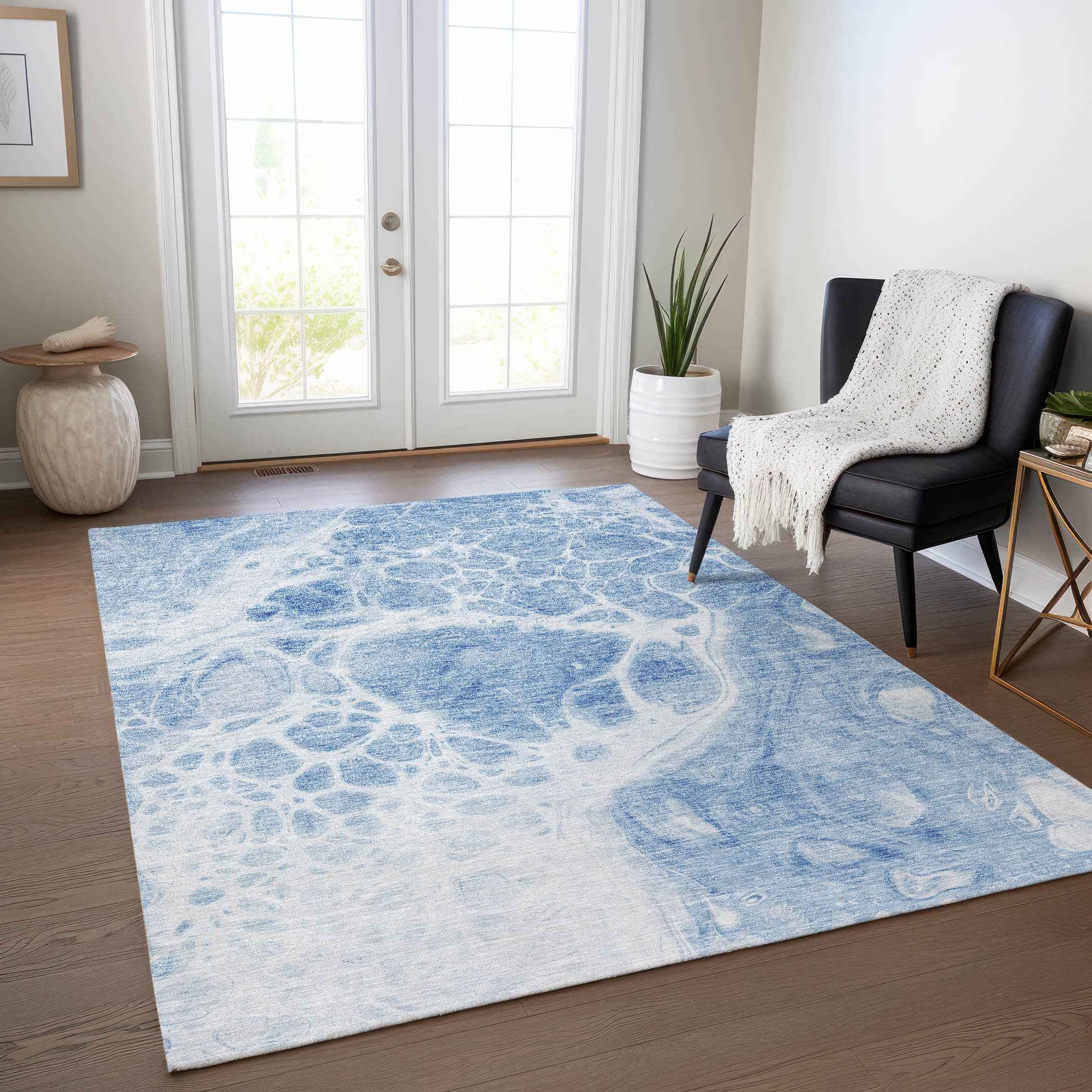 10' X 14' Sky Blue And Denim Blue Nautical Washable Indoor Outdoor Area Rug