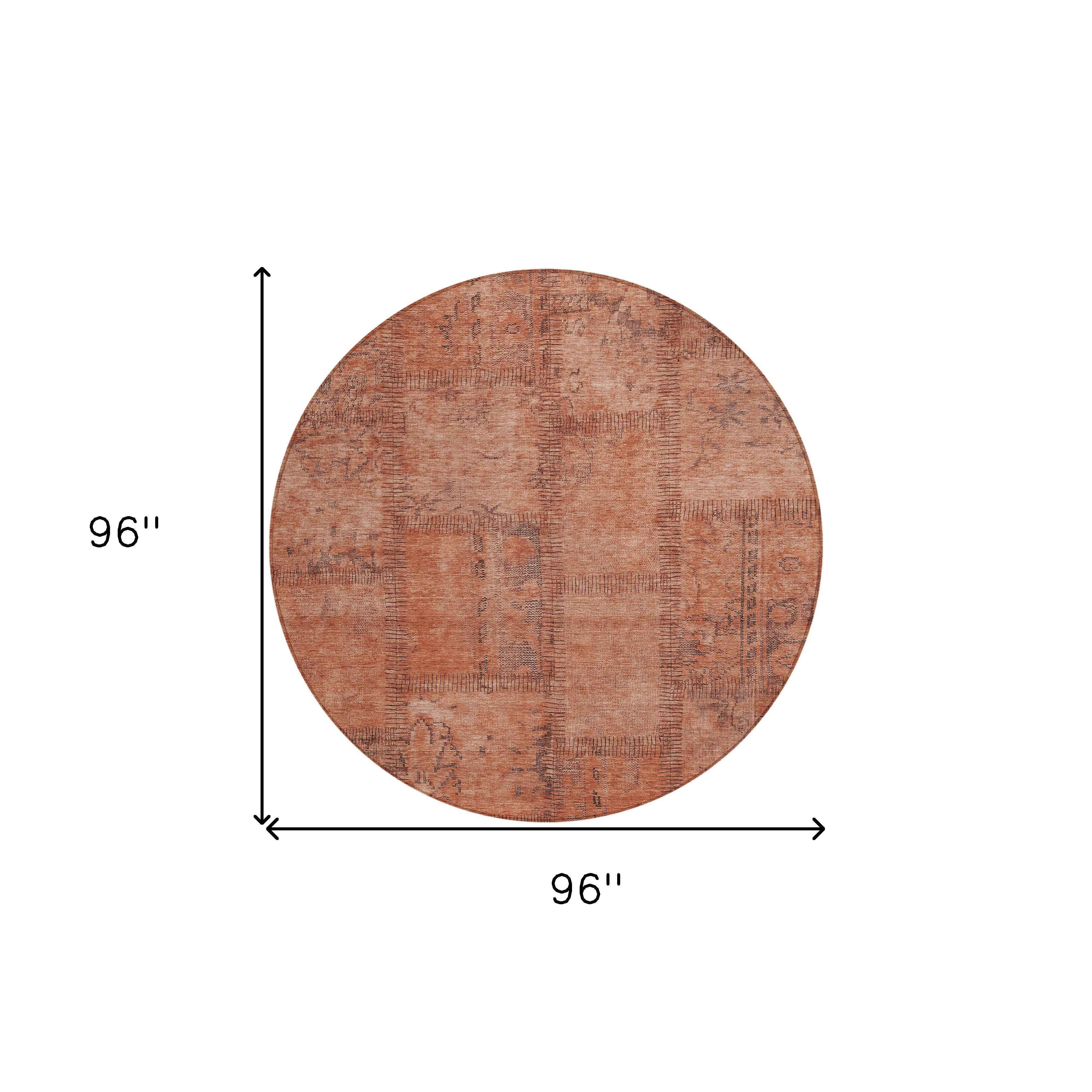 8' Salmon Copper And Gray Round Patchwork Washable Indoor Outdoor Area Rug