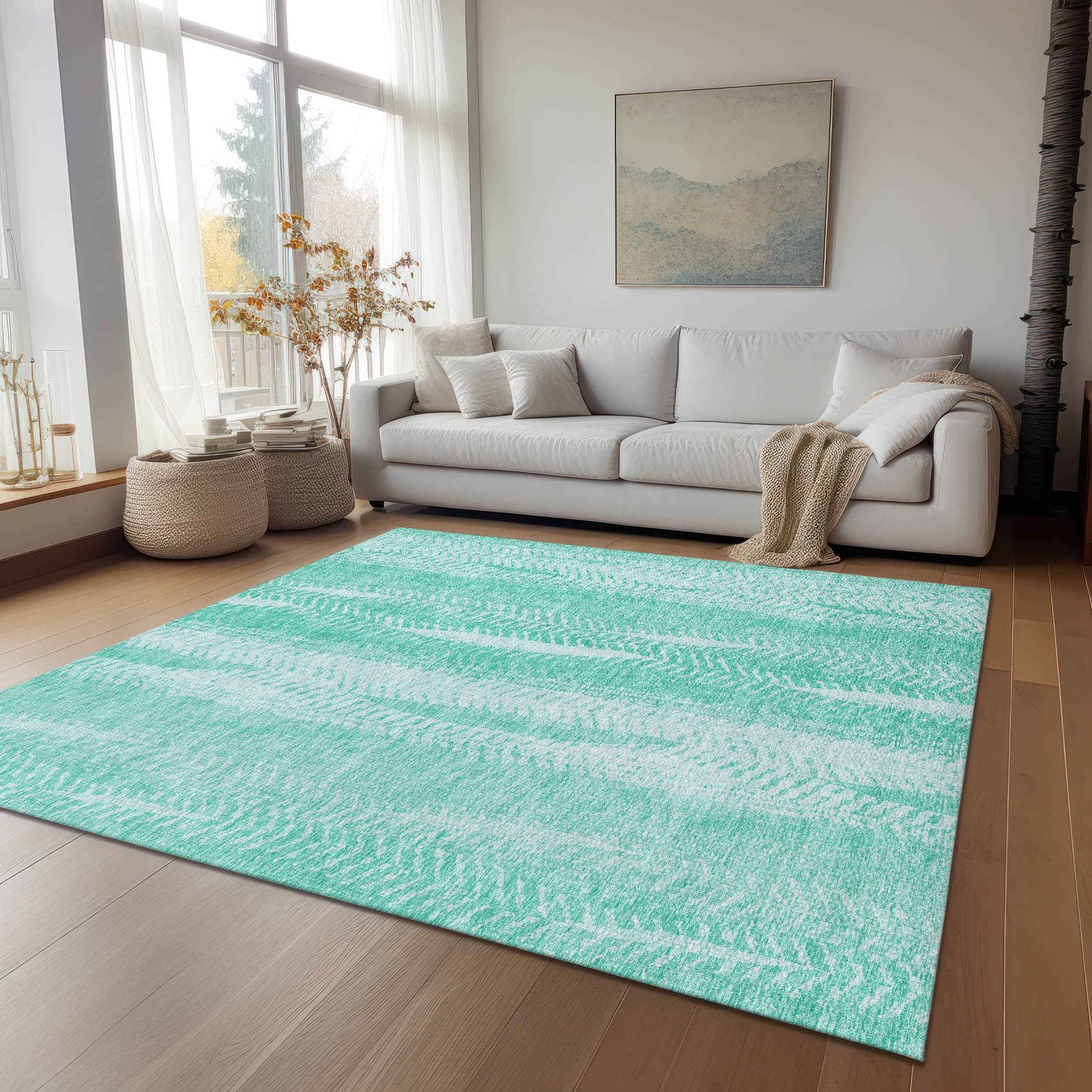 10' X 14' Aqua Teal Blue And Ivory Botanical Leaves Washable Indoor Outdoor Area Rug