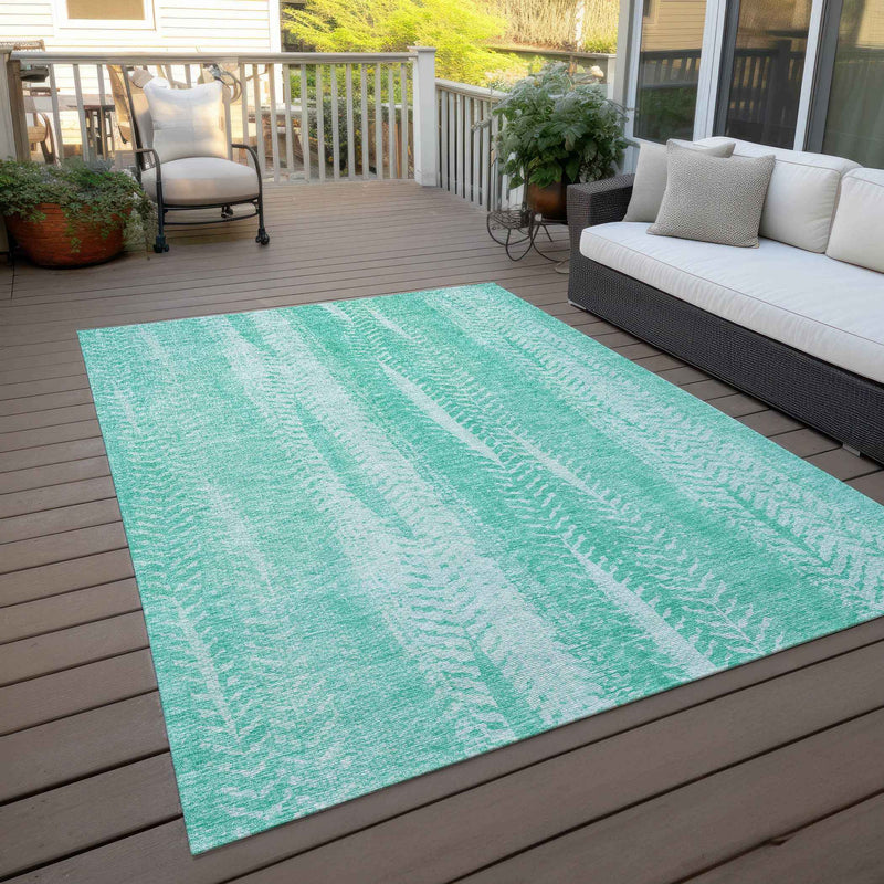 10' X 14' Aqua Teal Blue And Ivory Botanical Leaves Washable Indoor Outdoor Area Rug
