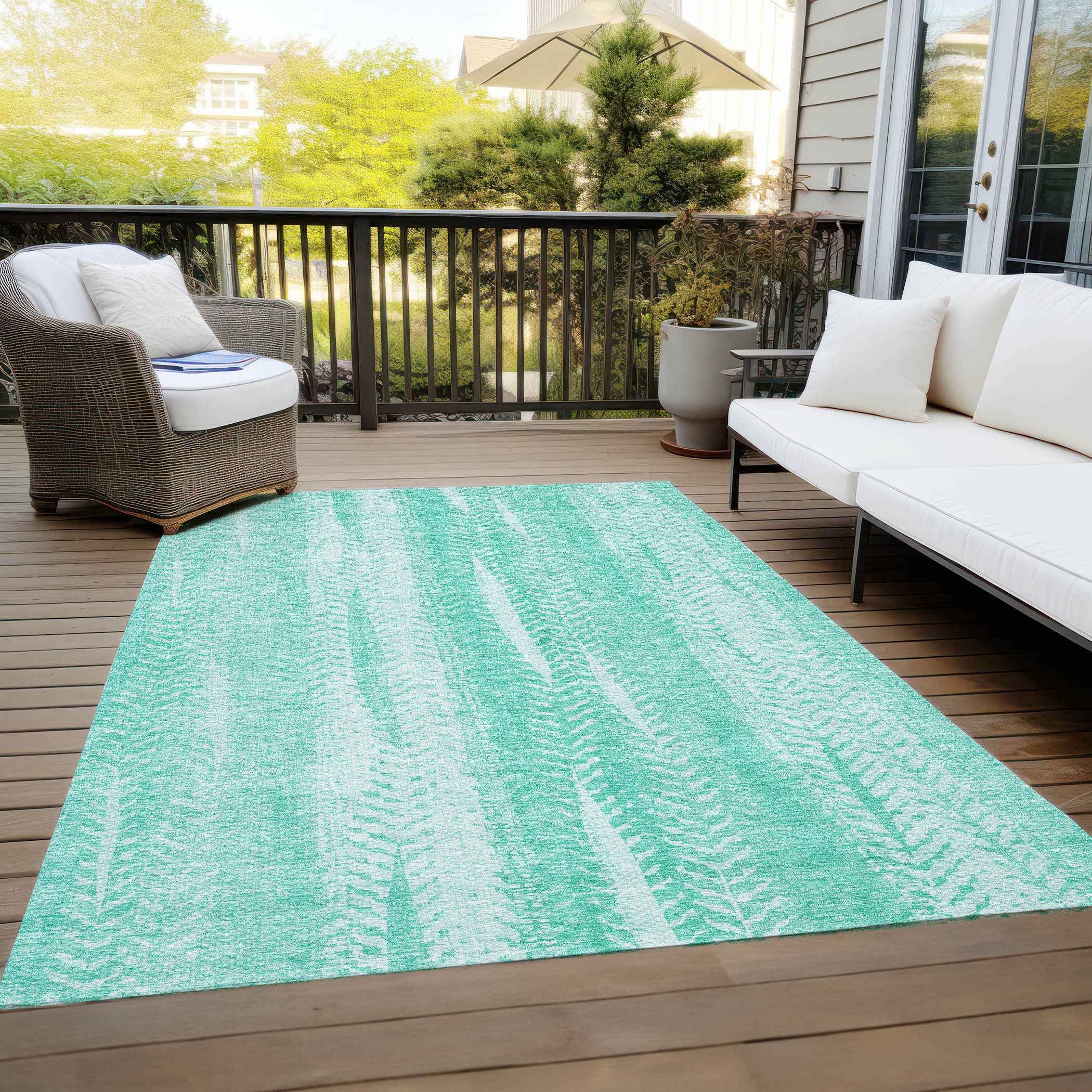 10' X 14' Aqua Teal Blue And Ivory Botanical Leaves Washable Indoor Outdoor Area Rug