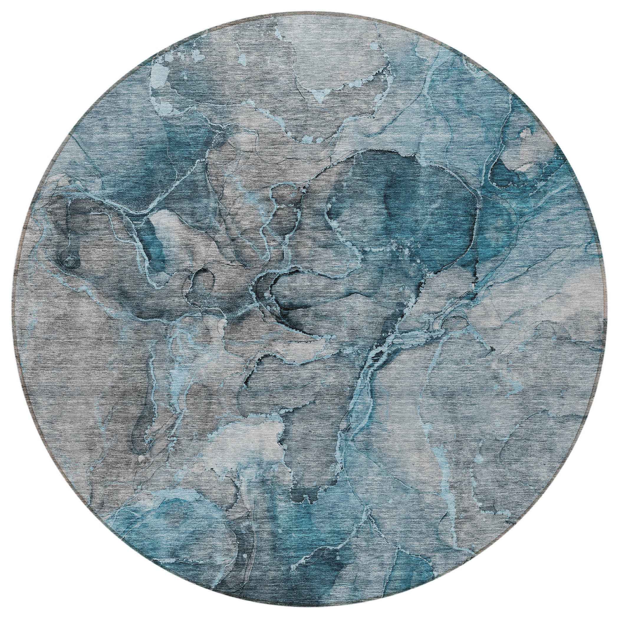 8' Teal Blue And Navy Blue Round Abstract Washable Indoor Outdoor Area Rug