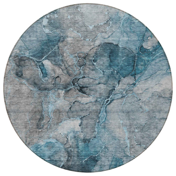8' Teal Blue And Navy Blue Round Abstract Washable Indoor Outdoor Area Rug