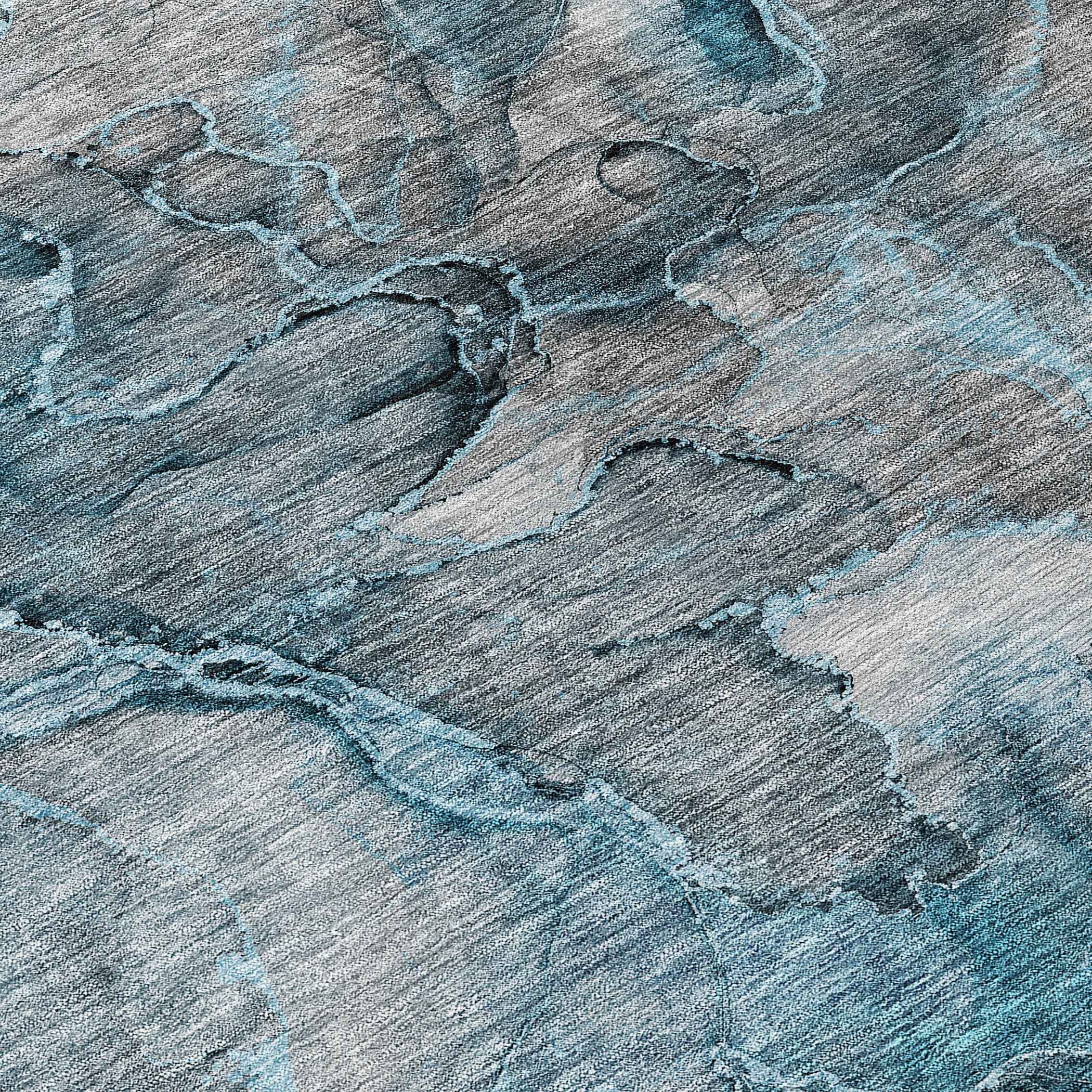 8' Teal Blue And Navy Blue Round Abstract Washable Indoor Outdoor Area Rug