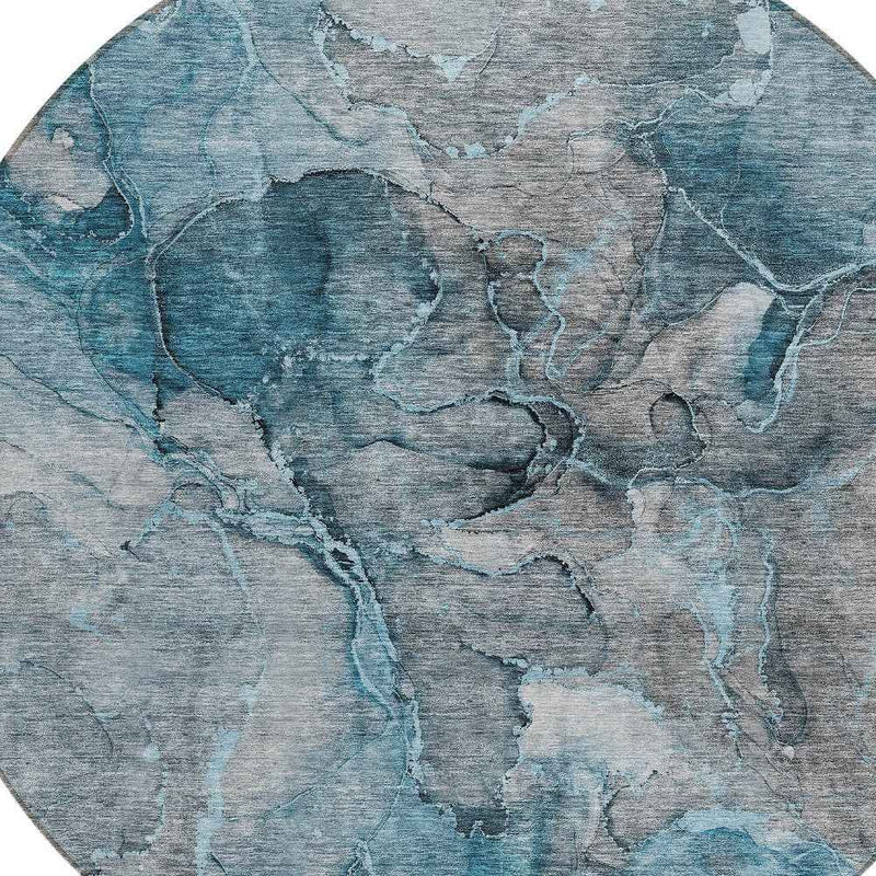 8' Teal Blue And Navy Blue Round Abstract Washable Indoor Outdoor Area Rug