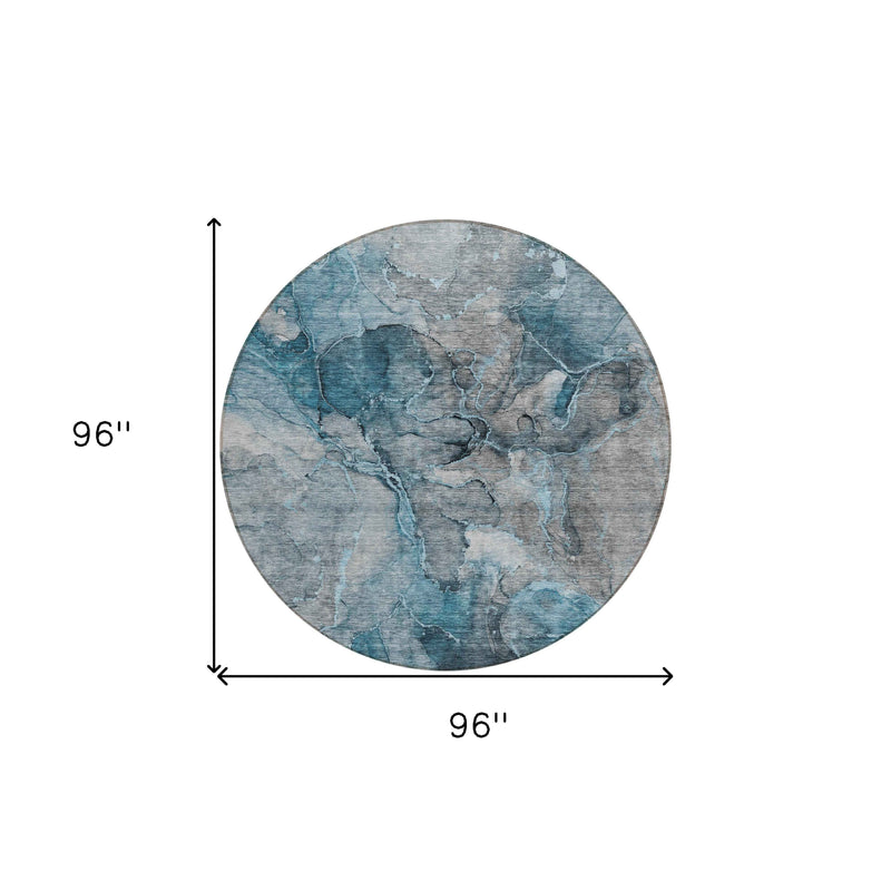 8' Teal Blue And Navy Blue Round Abstract Washable Indoor Outdoor Area Rug