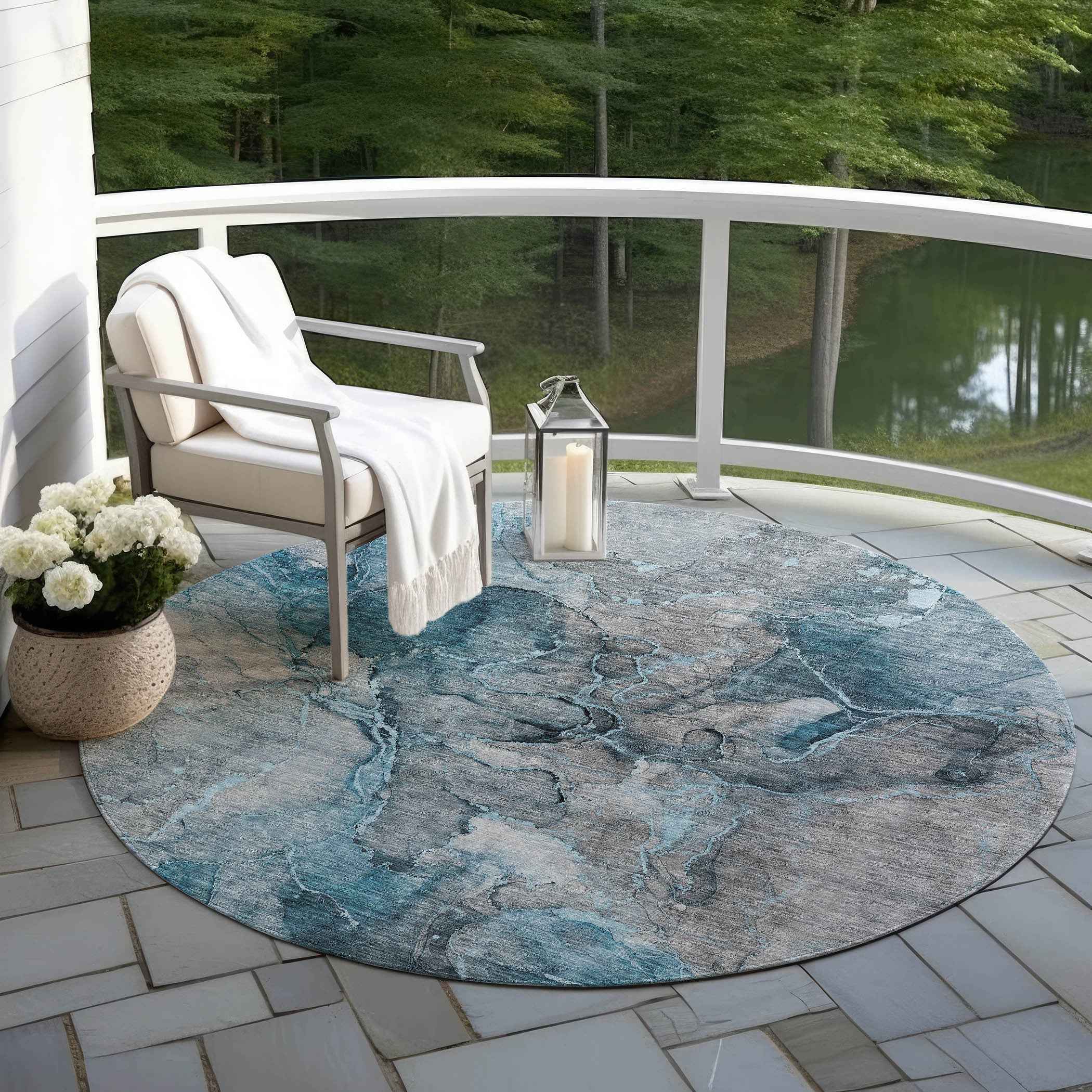 8' Teal Blue And Navy Blue Round Abstract Washable Indoor Outdoor Area Rug