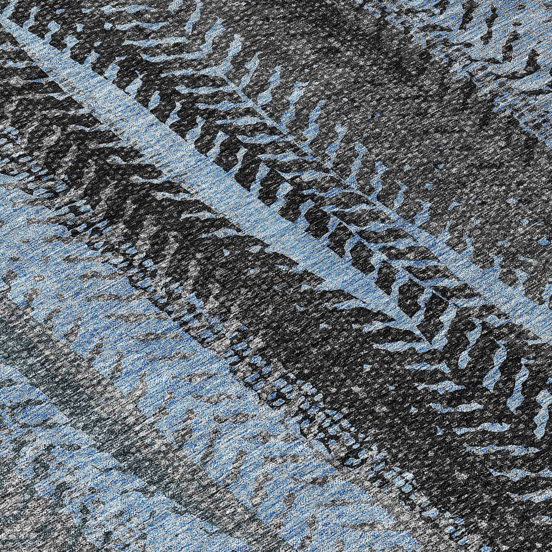 8' X 10' Blue Gray And Charcoal Botanical Leaves Washable Indoor Outdoor Area Rug