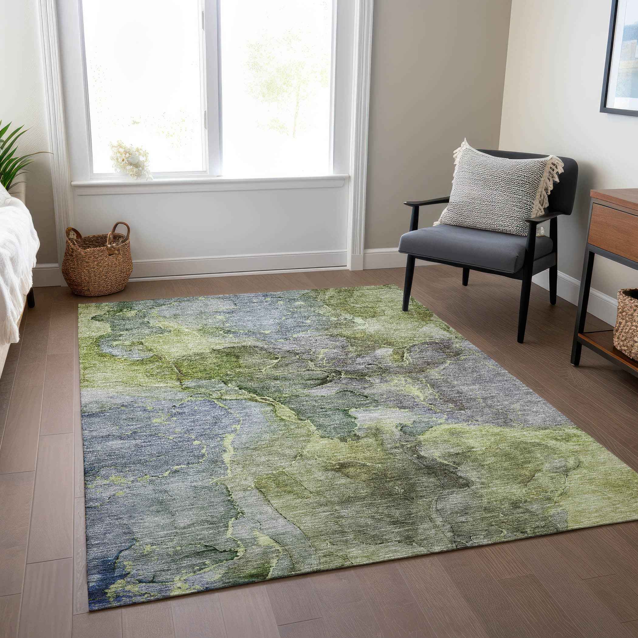 3' X 5' Olive Green And Gray Abstract Washable Indoor Outdoor Area Rug