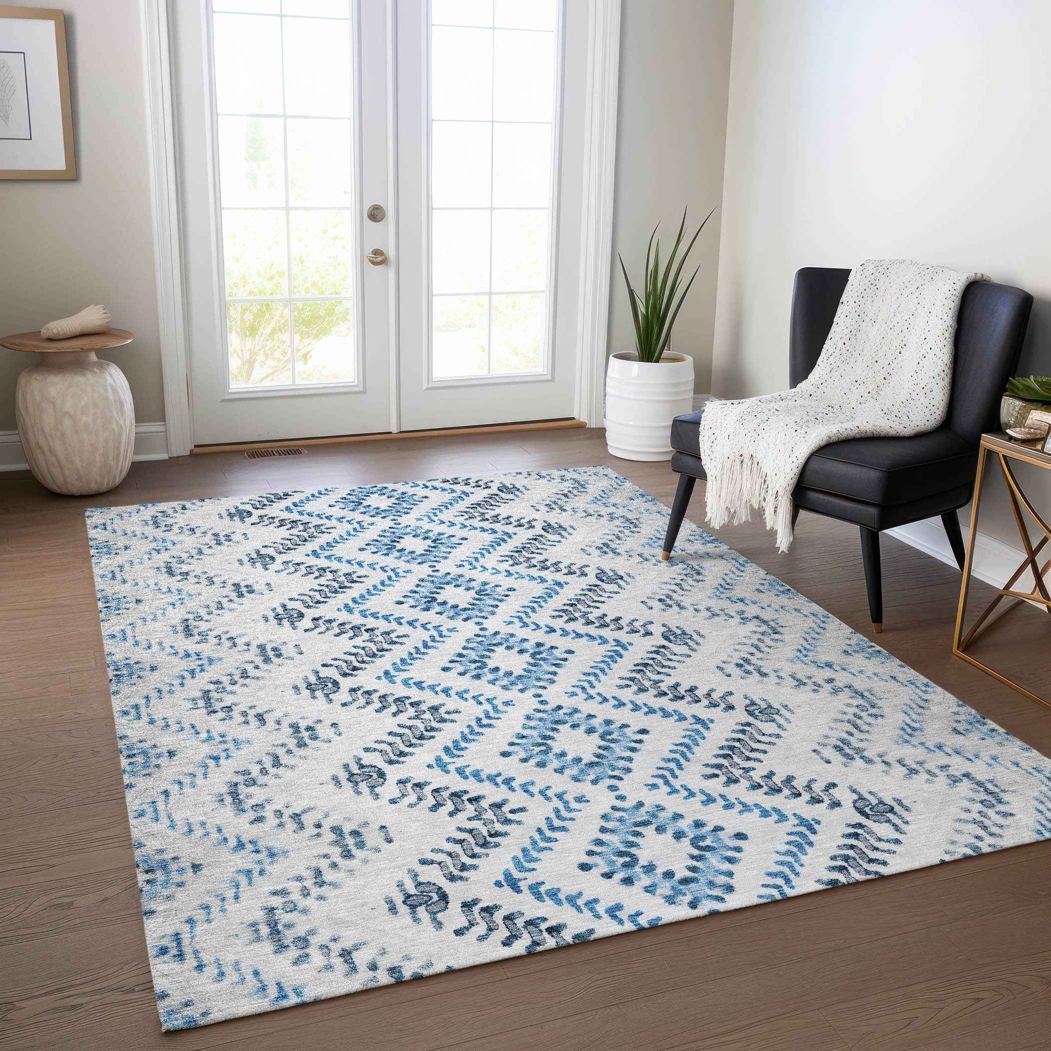 3' X 5' Navy Blue And Denim Blue Geometric Washable Indoor Outdoor Area Rug