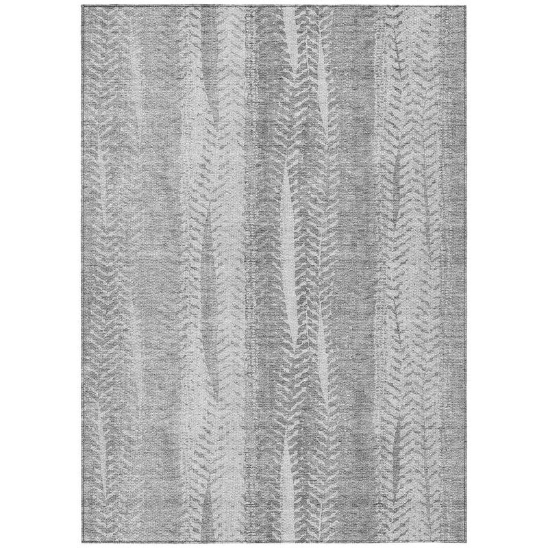 5' X 8' Silver Gray And Graphite Botanical Leaves Washable Indoor Outdoor Area Rug