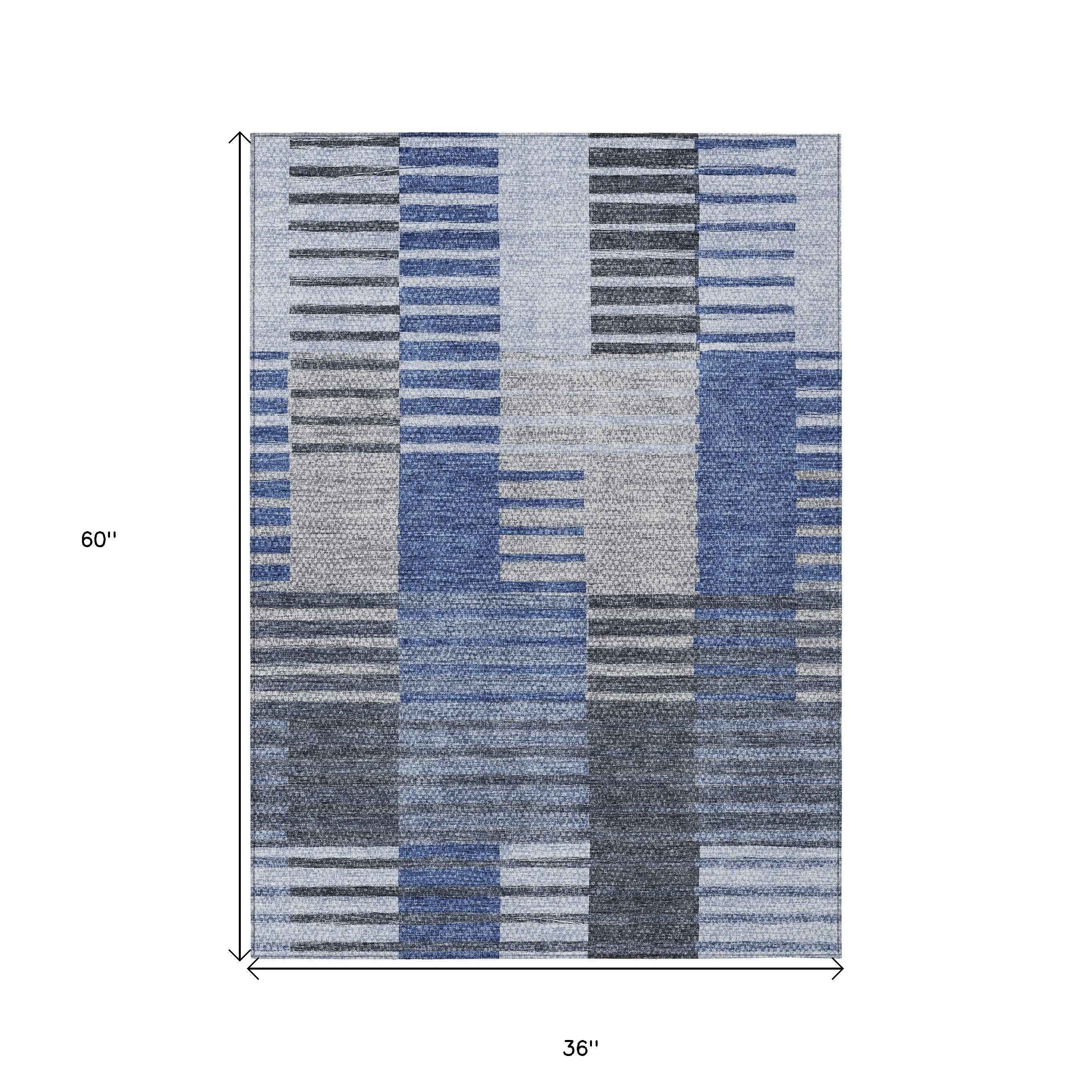 3' X 5' Denim Blue And Navy Blue Striped Washable Indoor Outdoor Area Rug