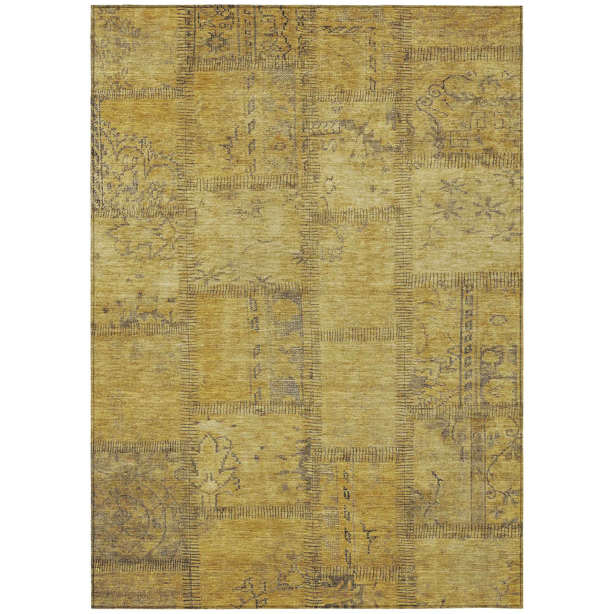 9' X 12' Gold Wheat And Gray Patchwork Washable Indoor Outdoor Area Rug