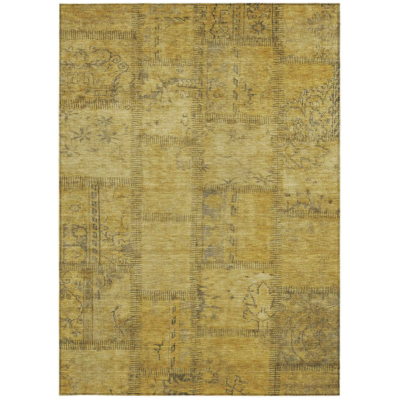 9' X 12' Gold Wheat And Gray Patchwork Washable Indoor Outdoor Area Rug