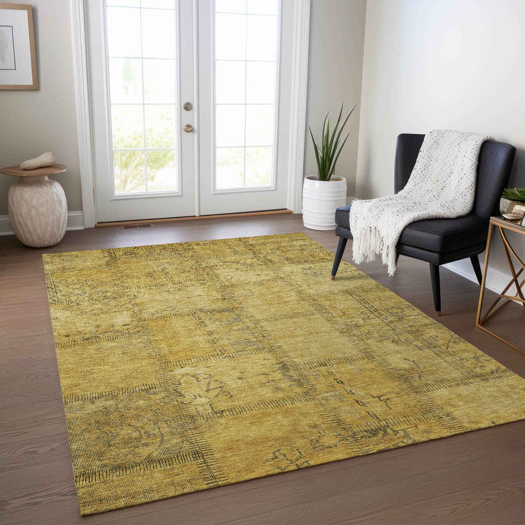9' X 12' Gold Wheat And Gray Patchwork Washable Indoor Outdoor Area Rug