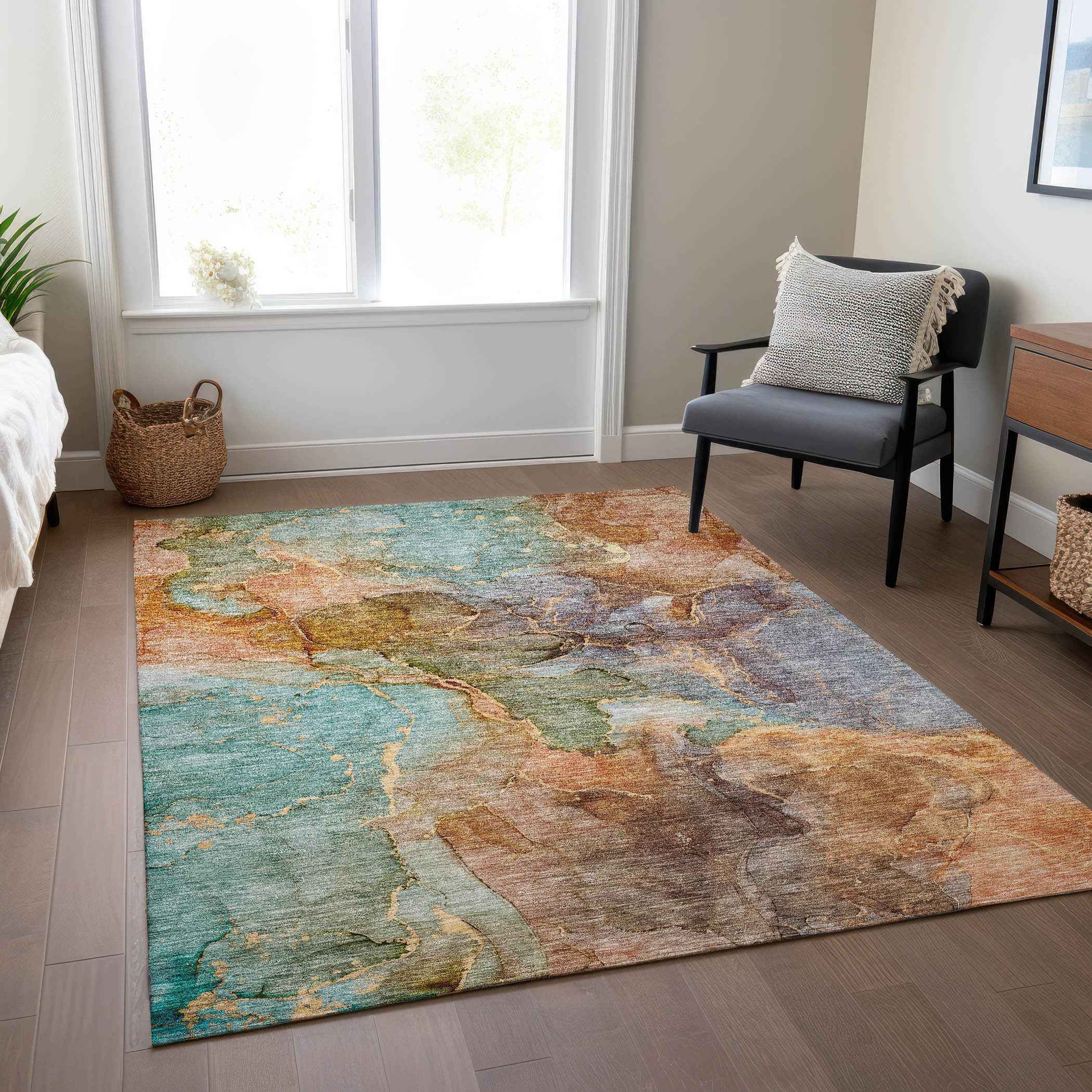 3' X 5' Copper Orange And Teal Blue Abstract Washable Indoor Outdoor Area Rug