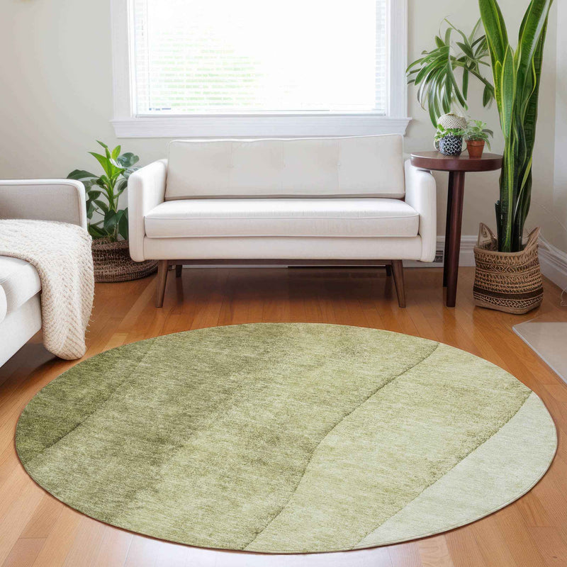 8' Olive Green And Artichoke Green Round Ombre Washable Indoor Outdoor Area Rug