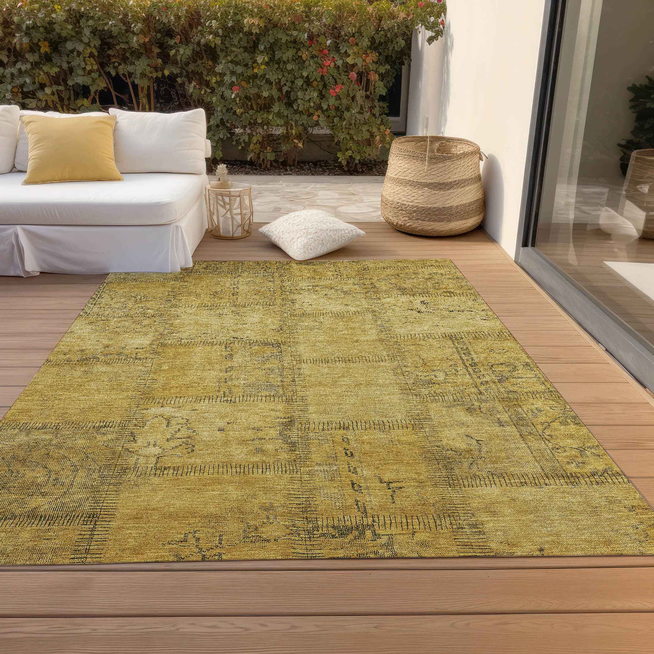 9' X 12' Gold Wheat And Gray Patchwork Washable Indoor Outdoor Area Rug