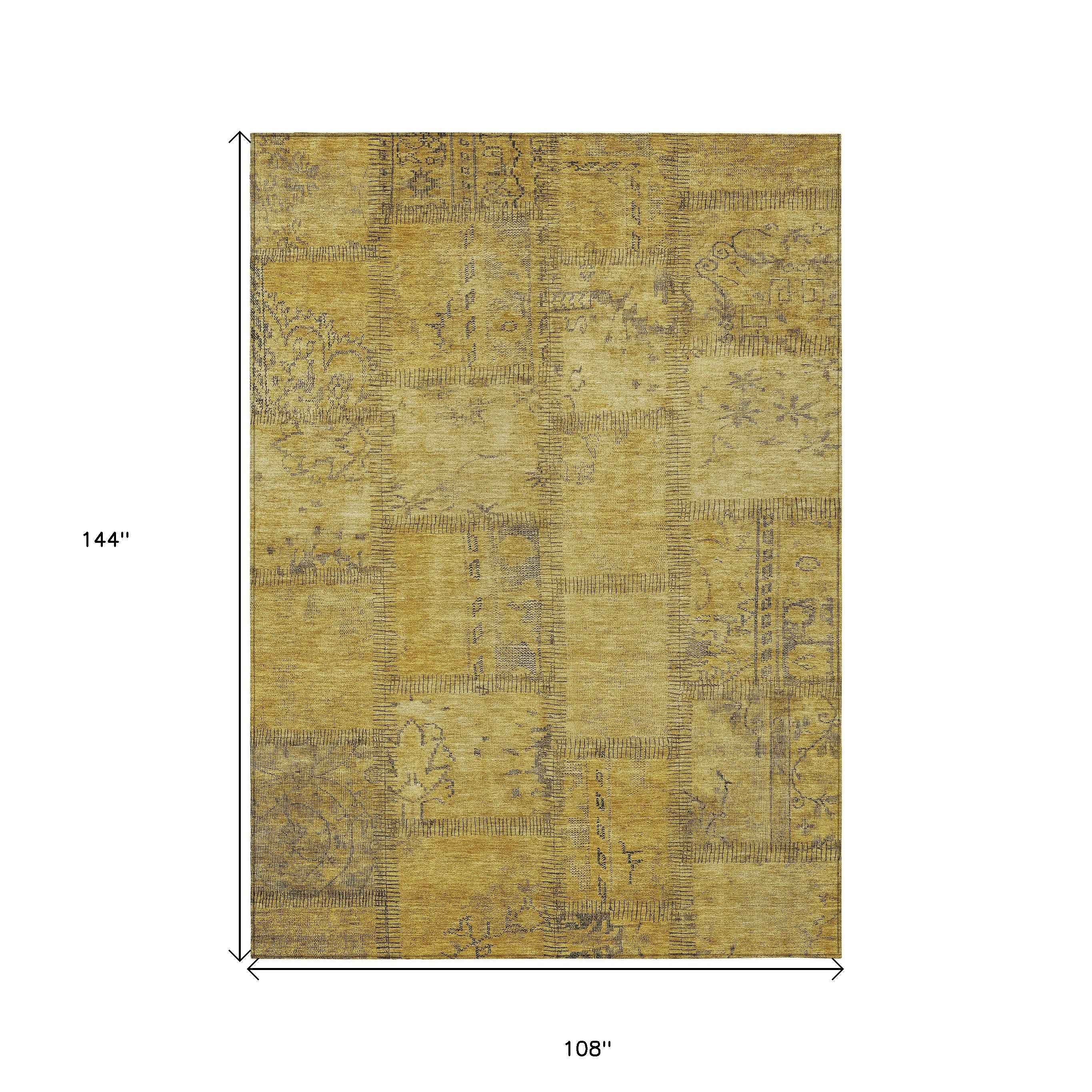 9' X 12' Gold Wheat And Gray Patchwork Washable Indoor Outdoor Area Rug