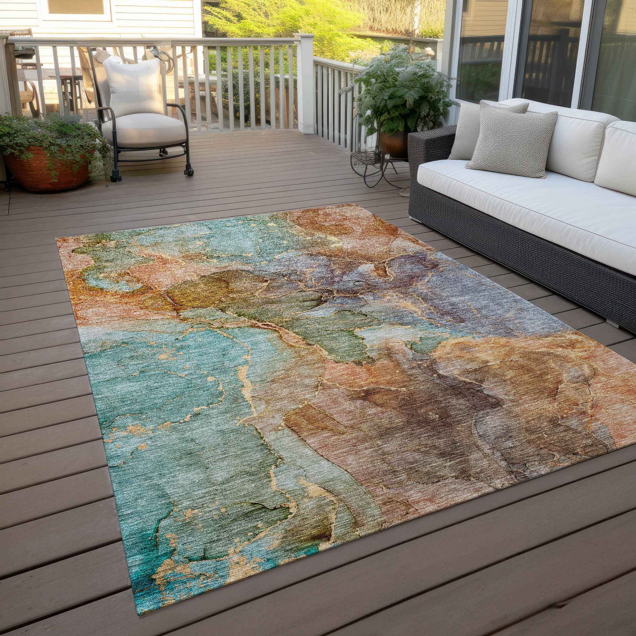 3' X 5' Copper Orange And Teal Blue Abstract Washable Indoor Outdoor Area Rug