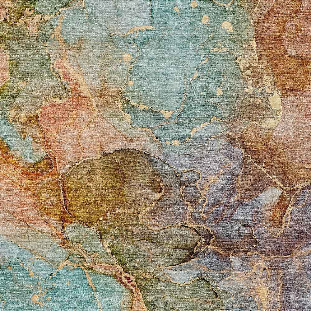 3' X 5' Copper Orange And Teal Blue Abstract Washable Indoor Outdoor Area Rug