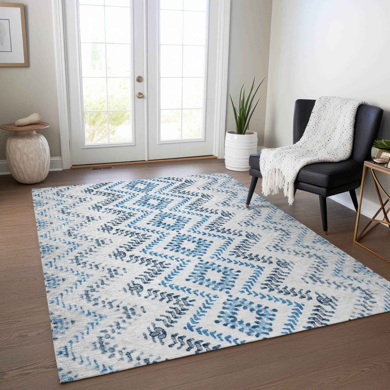 8' X 10' Navy Blue And Denim Blue Geometric Washable Indoor Outdoor Area Rug