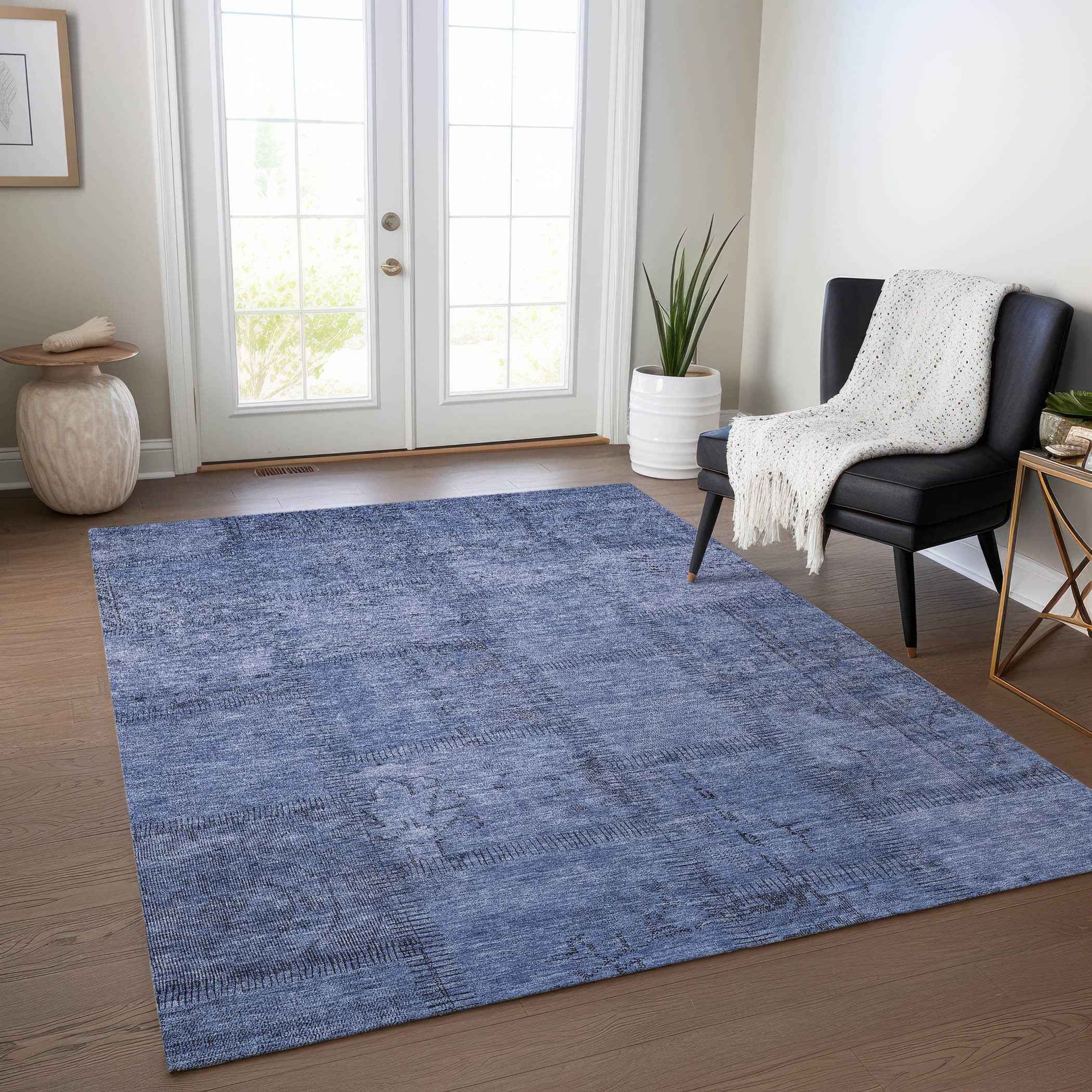 3' X 5' Denim Blue And Sky Blue Patchwork Washable Indoor Outdoor Area Rug