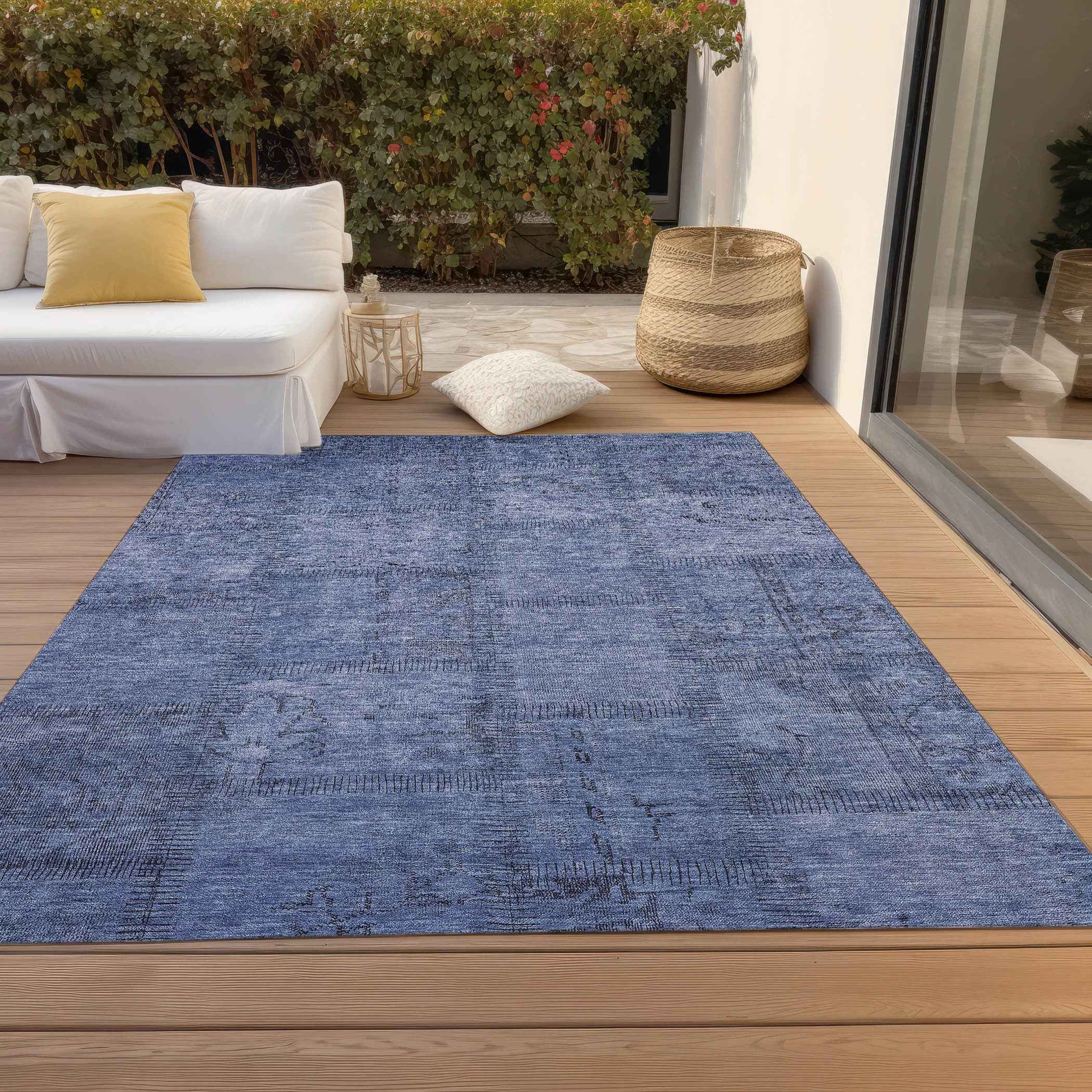 3' X 5' Denim Blue And Sky Blue Patchwork Washable Indoor Outdoor Area Rug