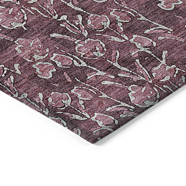 5' X 8' Merlot Mauve And Ivory Floral Washable Indoor Outdoor Area Rug