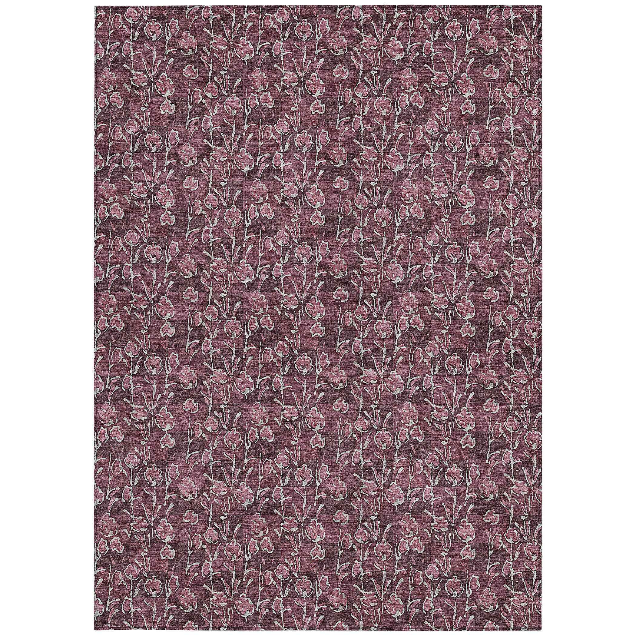 5' X 8' Merlot Mauve And Ivory Floral Washable Indoor Outdoor Area Rug