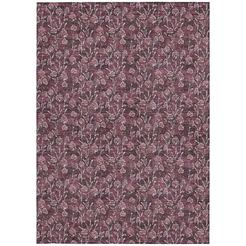 5' X 8' Merlot Mauve And Ivory Floral Washable Indoor Outdoor Area Rug