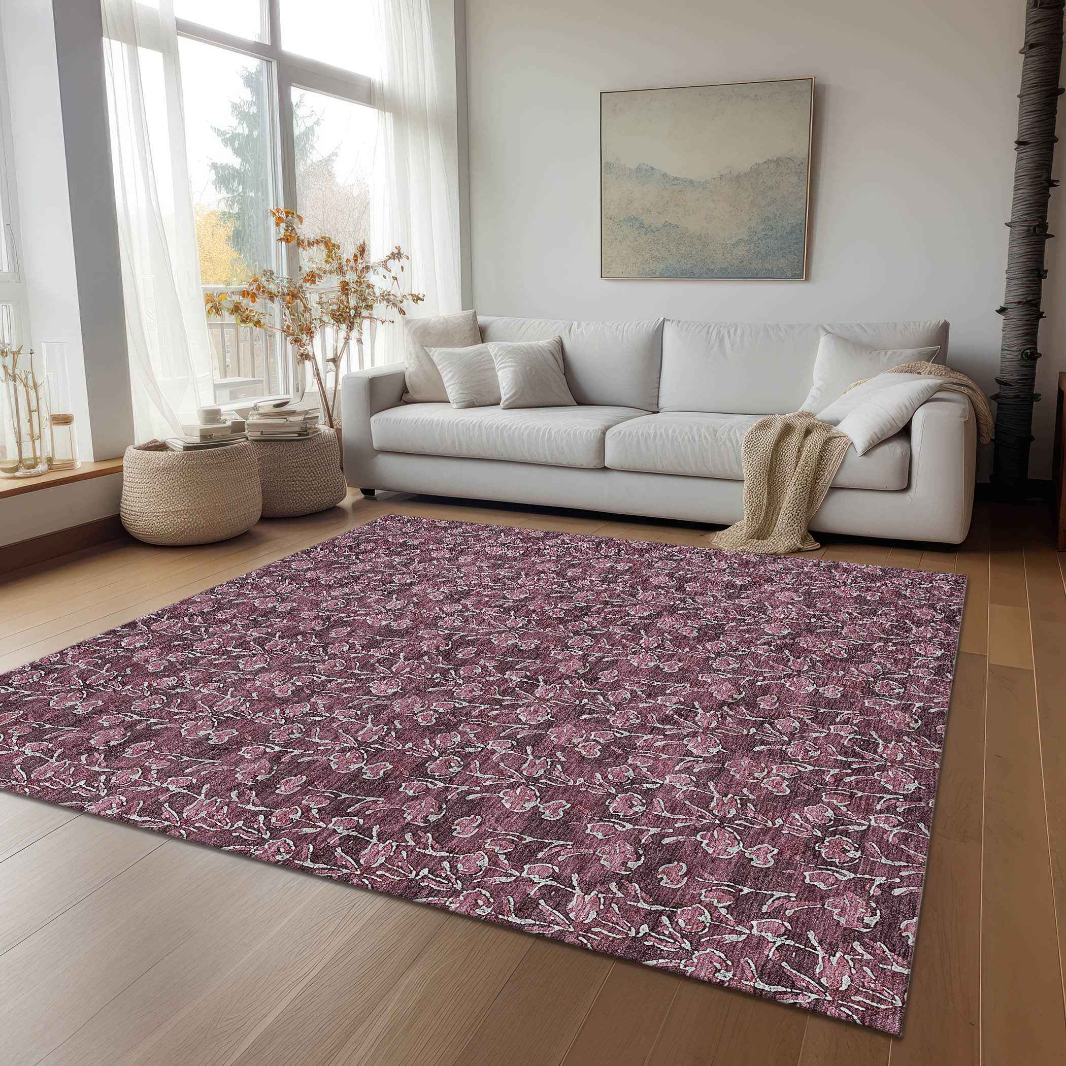 5' X 8' Merlot Mauve And Ivory Floral Washable Indoor Outdoor Area Rug