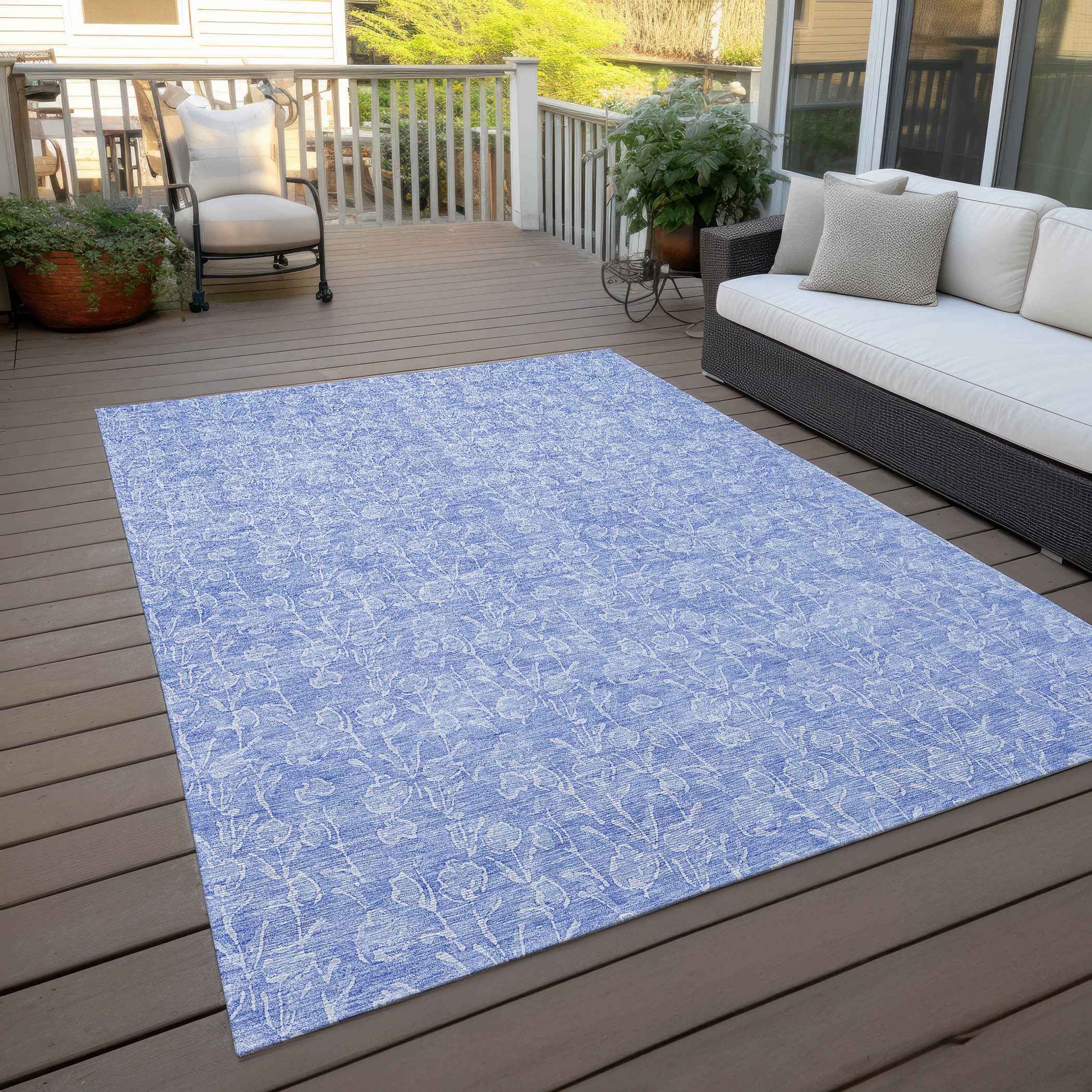 10' X 14' Denim Blue And Ivory Floral Washable Indoor Outdoor Area Rug