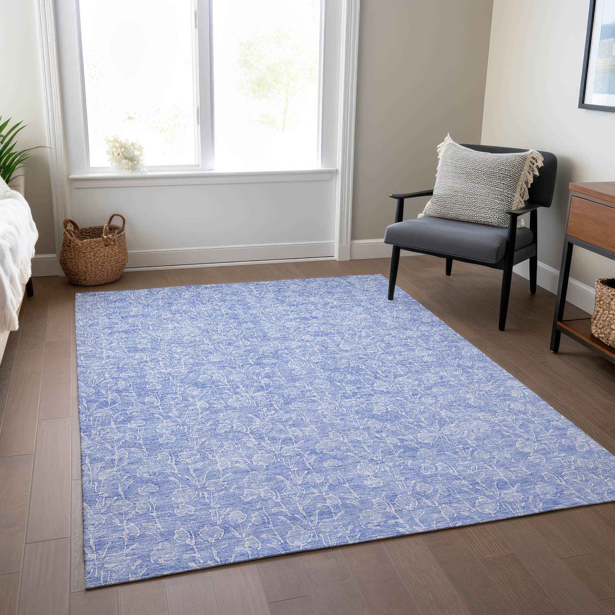 10' X 14' Denim Blue And Ivory Floral Washable Indoor Outdoor Area Rug