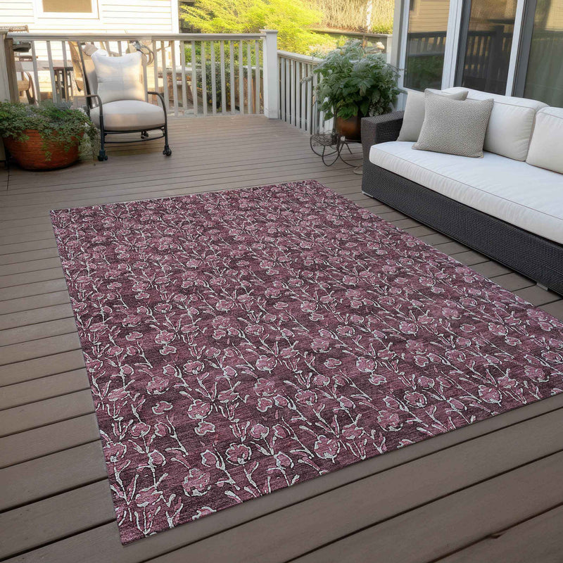 5' X 8' Merlot Mauve And Ivory Floral Washable Indoor Outdoor Area Rug