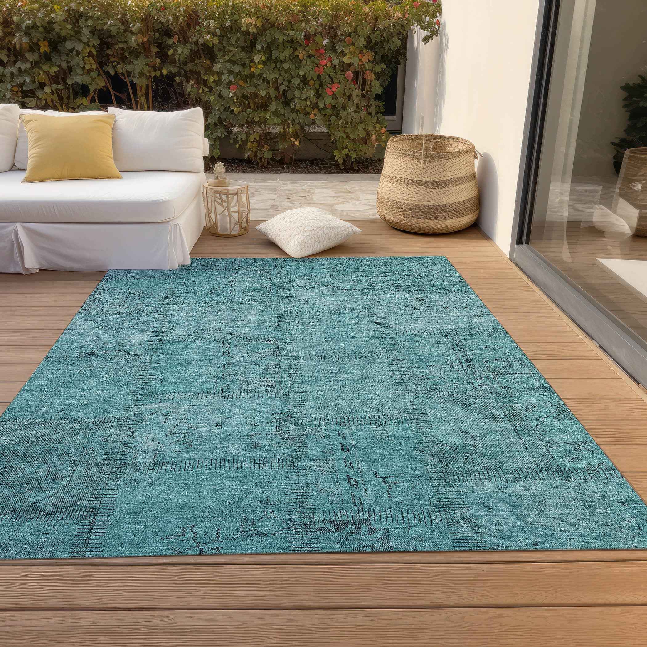 10' X 14' Teal Blue And Aqua Patchwork Washable Indoor Outdoor Area Rug