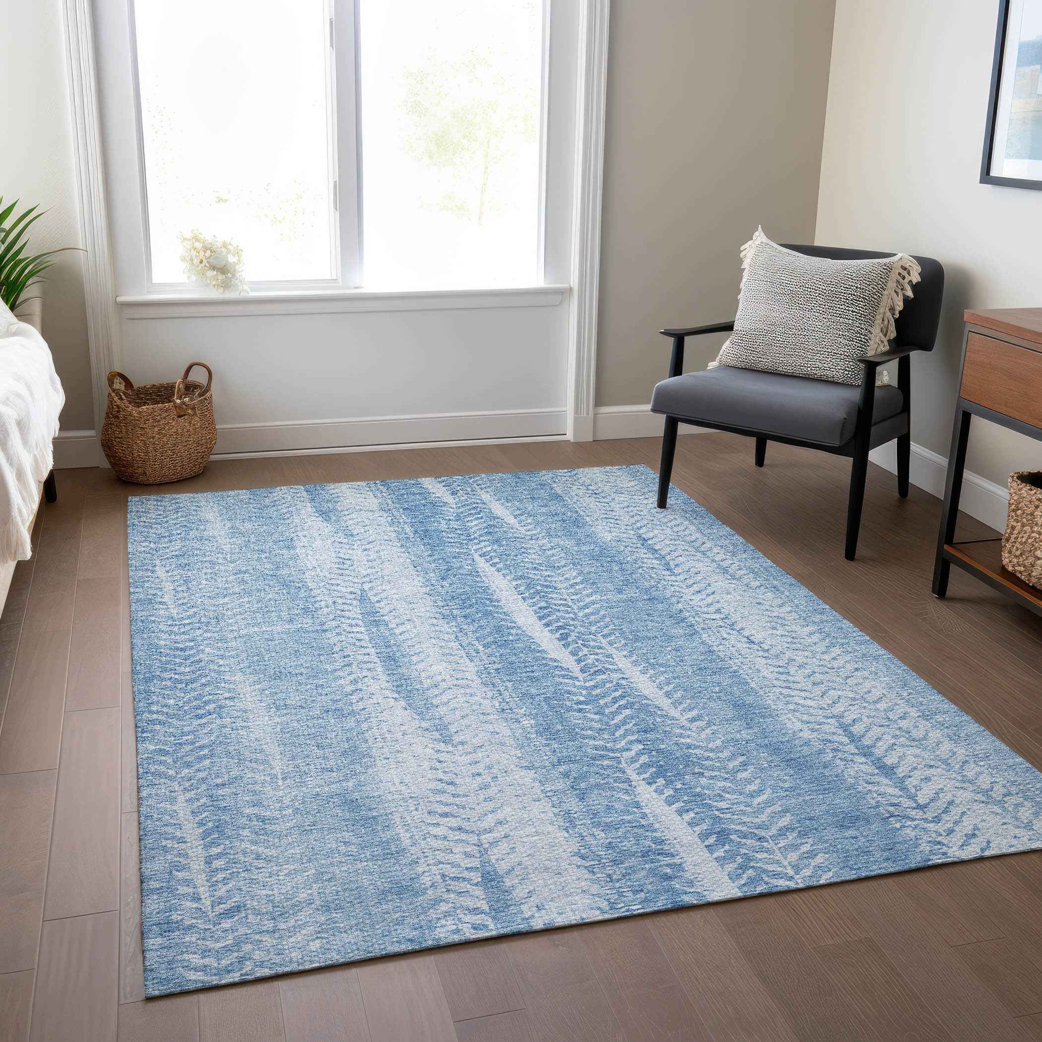 10' X 14' Sky Blue And Denim Blue Botanical Leaves Washable Indoor Outdoor Area Rug