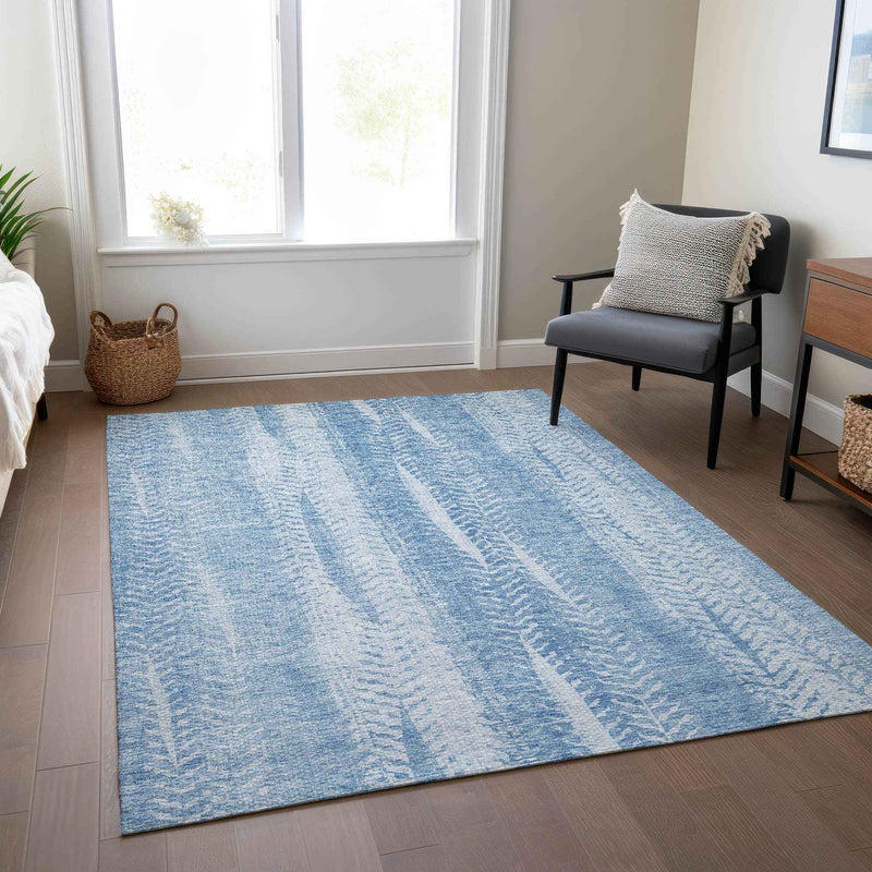 10' X 14' Sky Blue And Denim Blue Botanical Leaves Washable Indoor Outdoor Area Rug