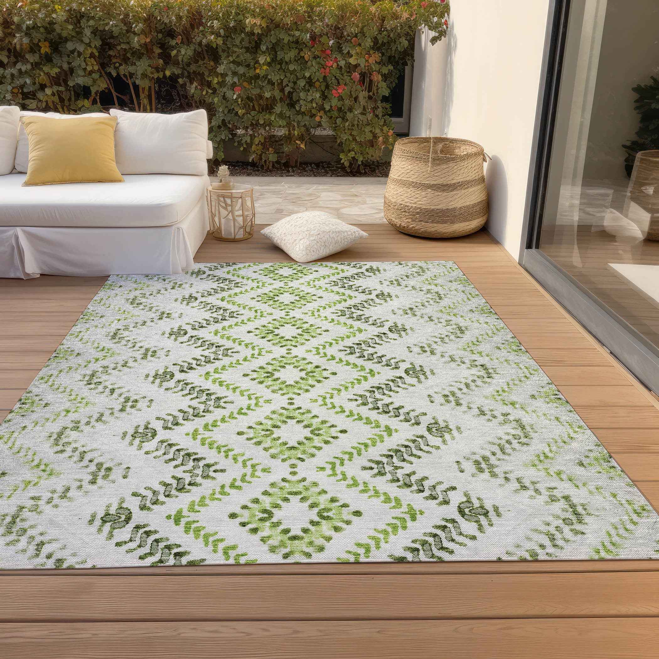 8' X 10' Green Ivory And Gray Geometric Washable Indoor Outdoor Area Rug