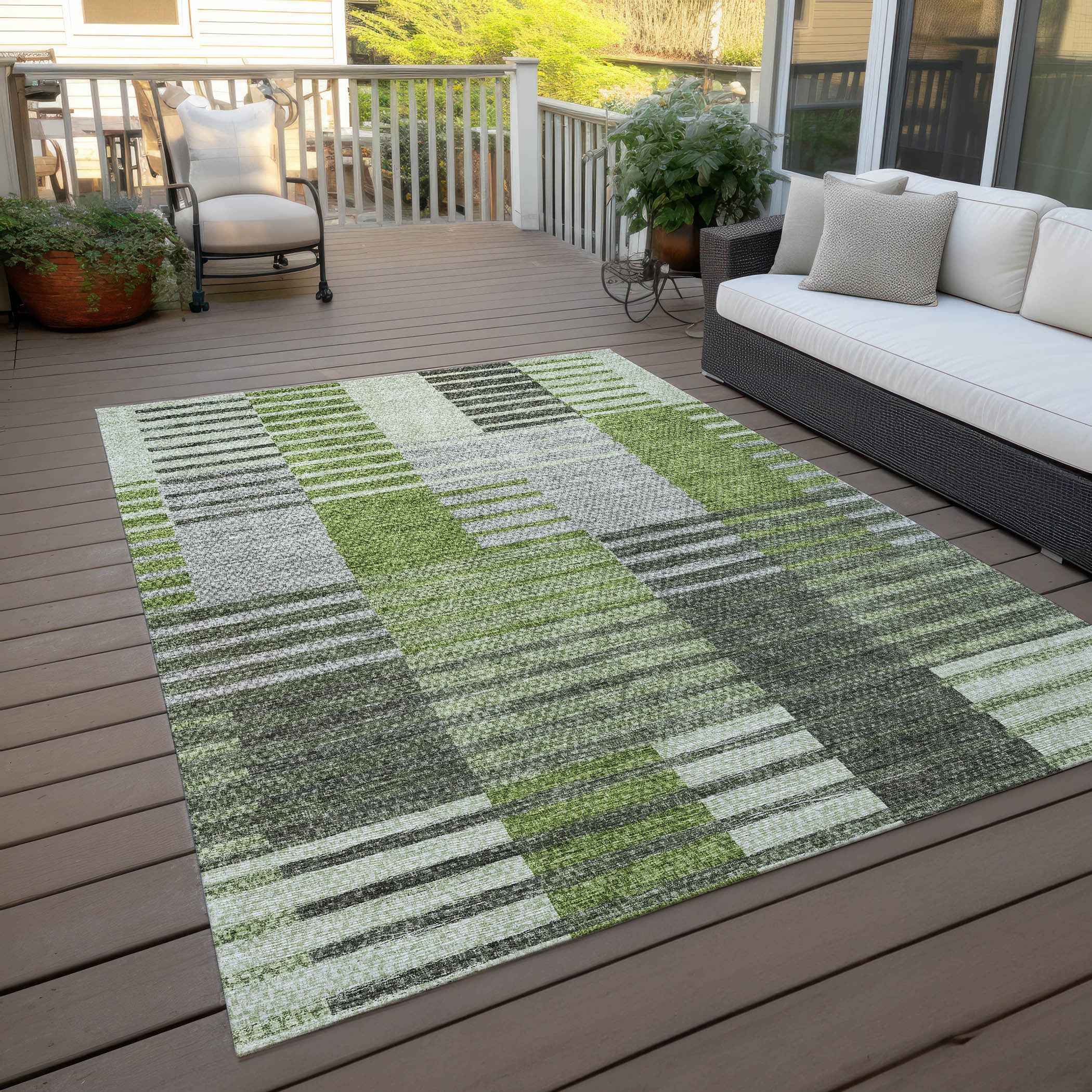 5' X 8' Green And Olive Green Striped Washable Indoor Outdoor Area Rug