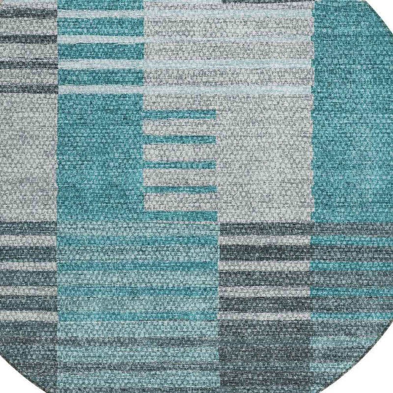 8' Teal Blue Aqua And Gray Round Striped Washable Indoor Outdoor Area Rug